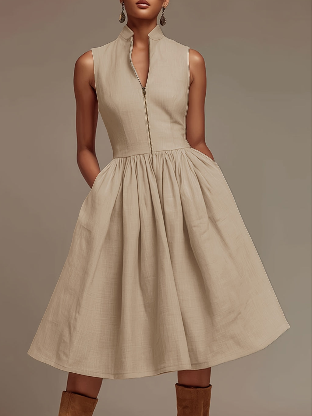 Robe midi grande taille — Beige zippée, col montant et poches