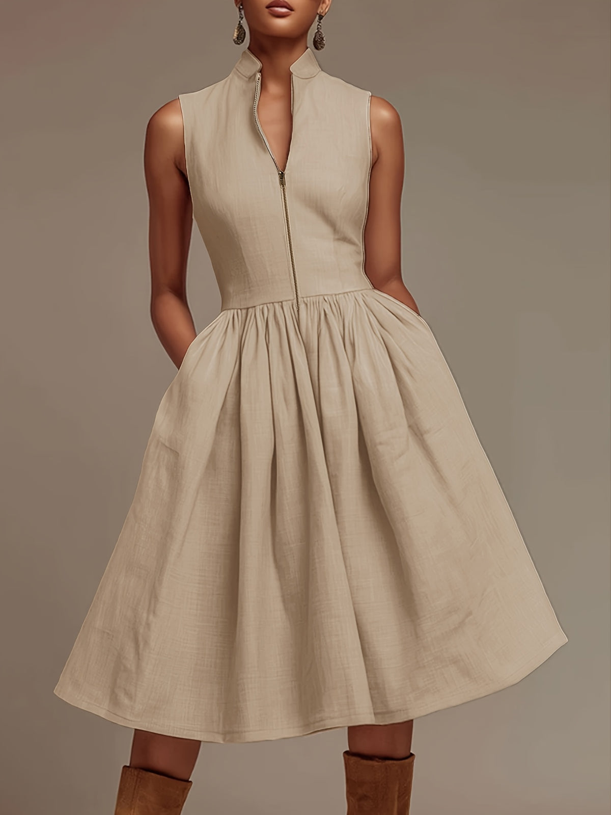 Robe midi grande taille — Beige zippée, col montant et poches