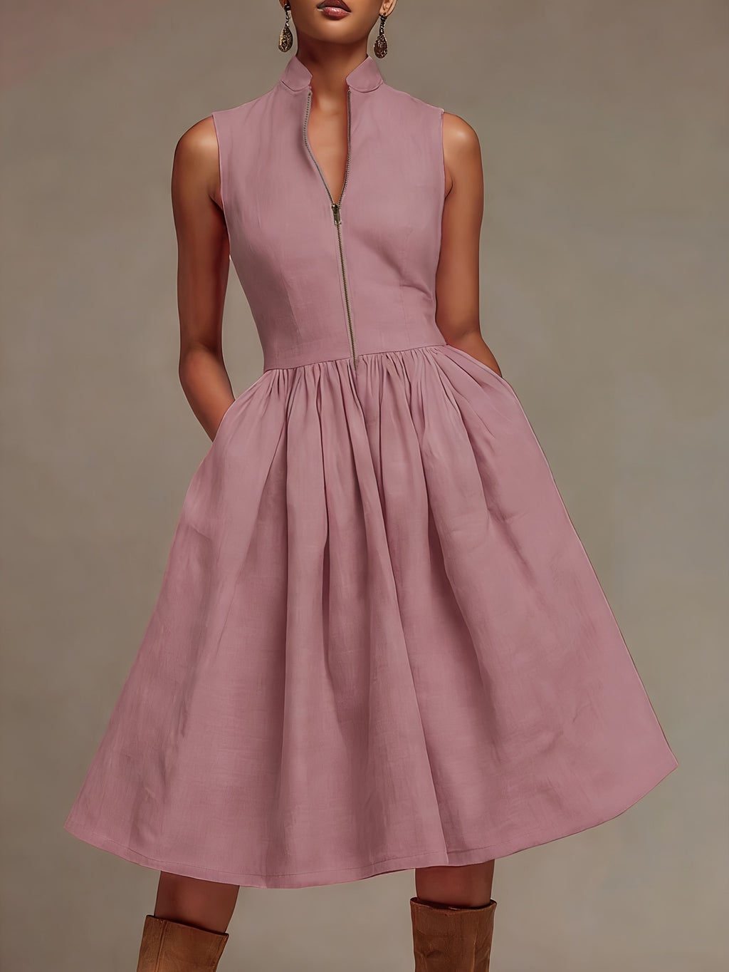 Robe midi grande taille — Beige zippée, col montant et poches
