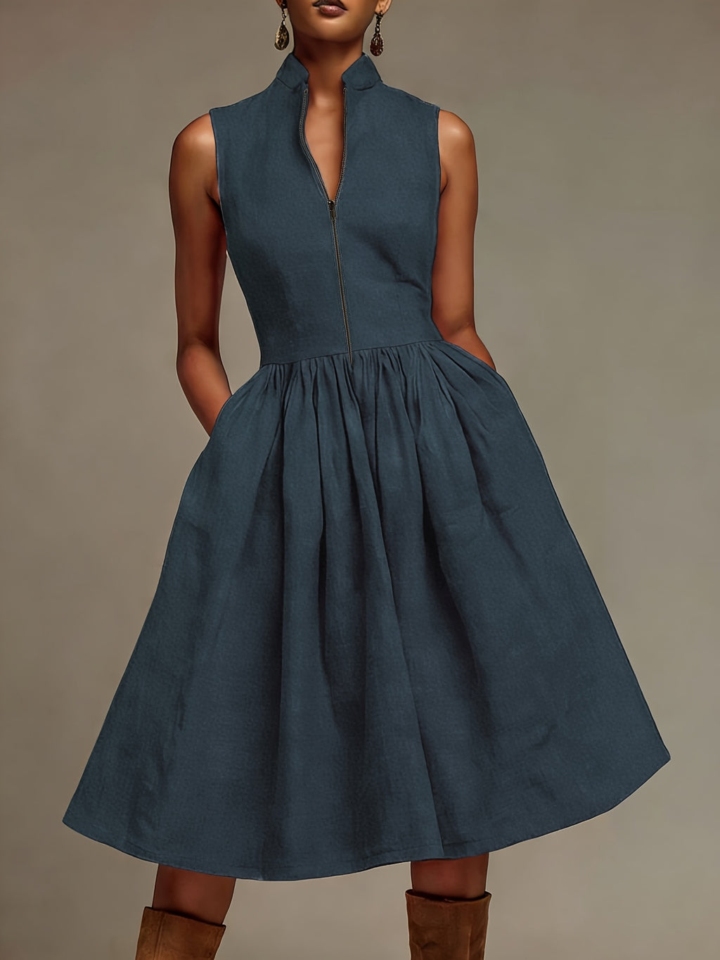 Robe midi grande taille — Beige zippée, col montant et poches