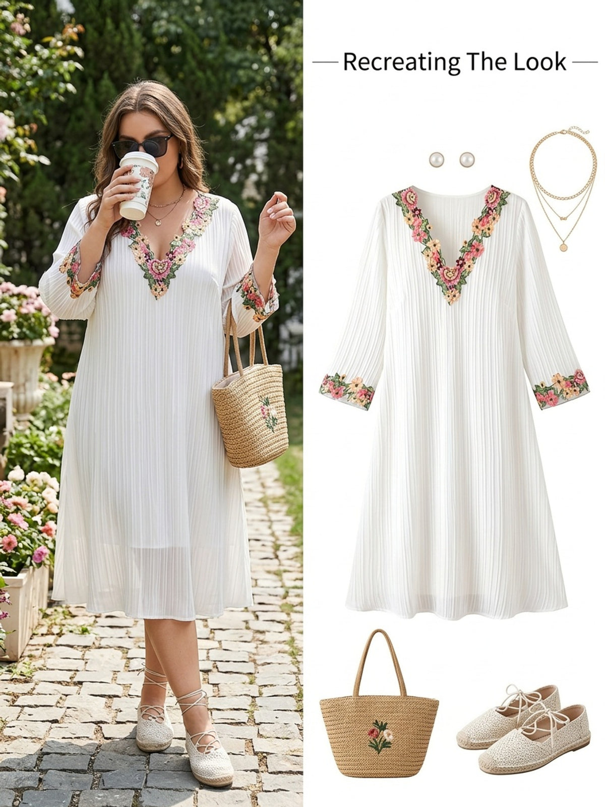 Robe midi grande taille, guipure fleurie brodée