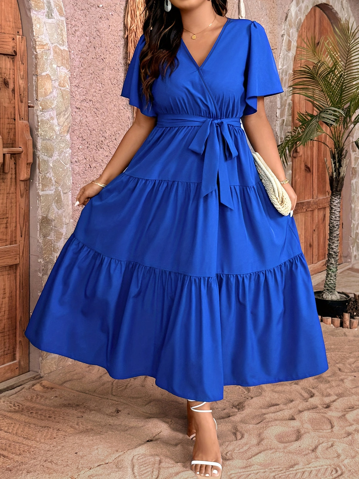 Robe midi grande taille — Bleu roi à volants superposés