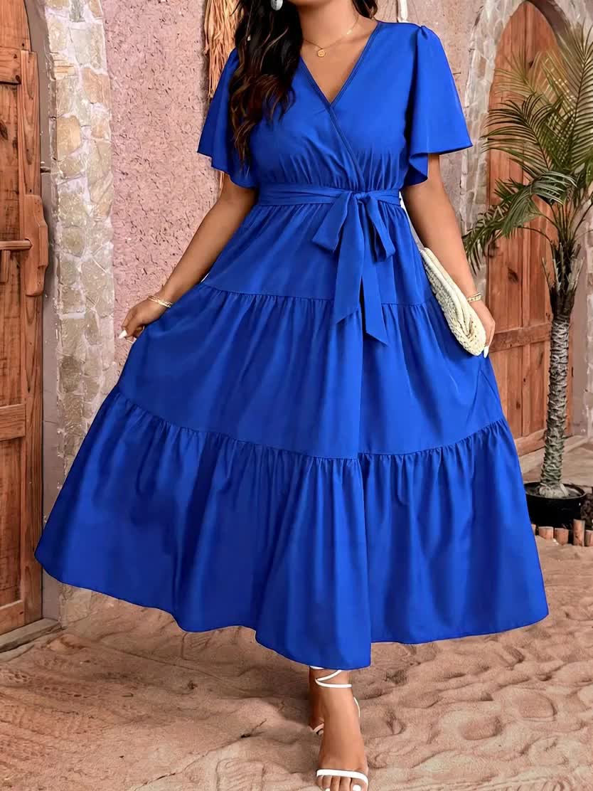 Robe midi grande taille — Bleu roi à volants superposés