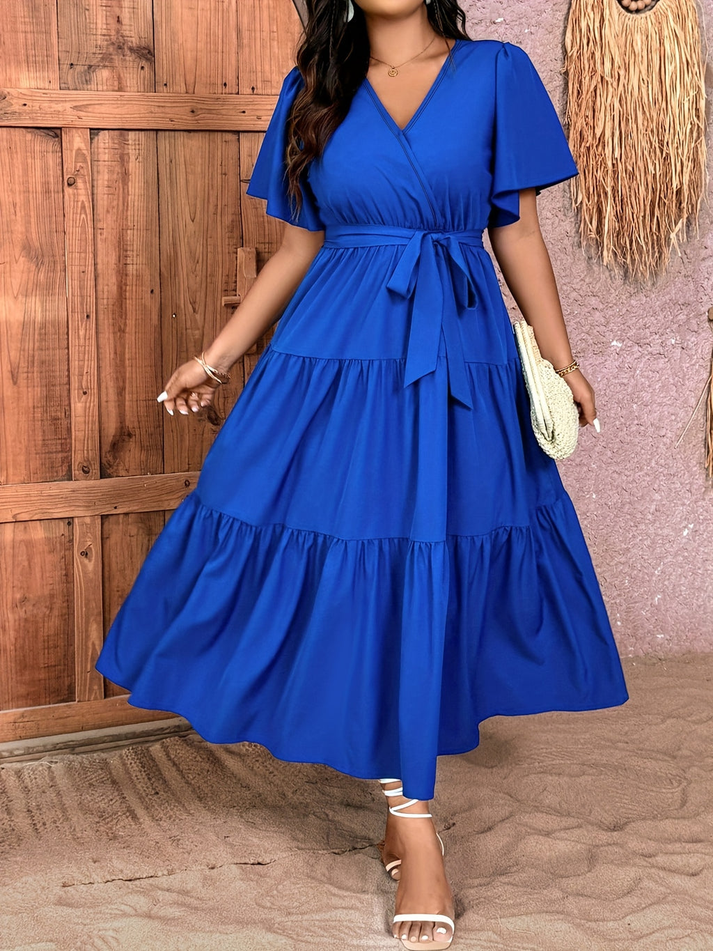 Robe midi grande taille — Bleu roi à volants superposés