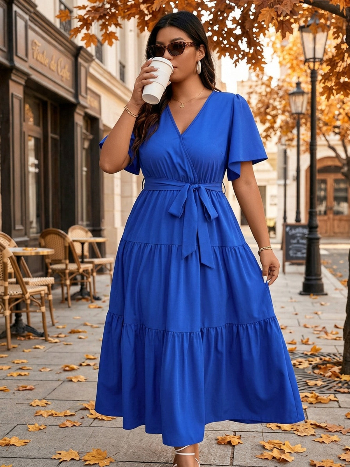 Robe midi grande taille — Bleu roi à volants superposés