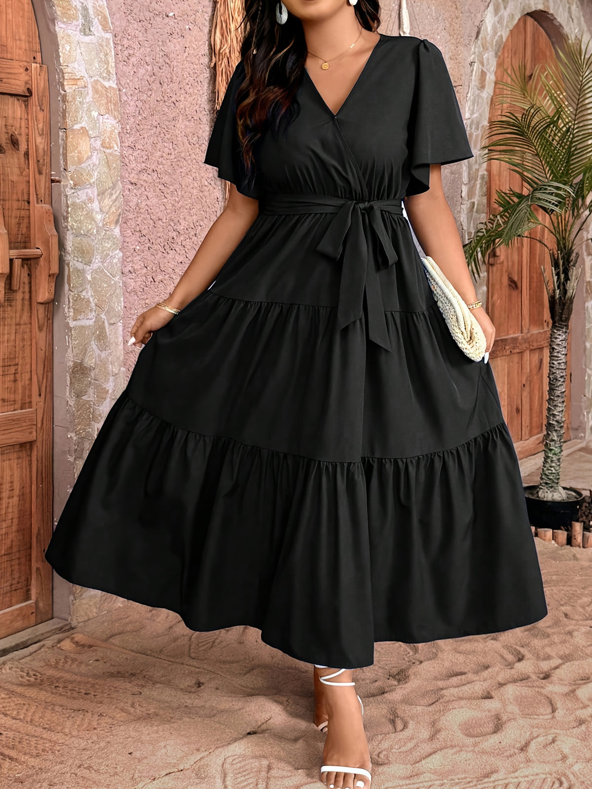 Robe midi grande taille — Bleu roi à volants superposés