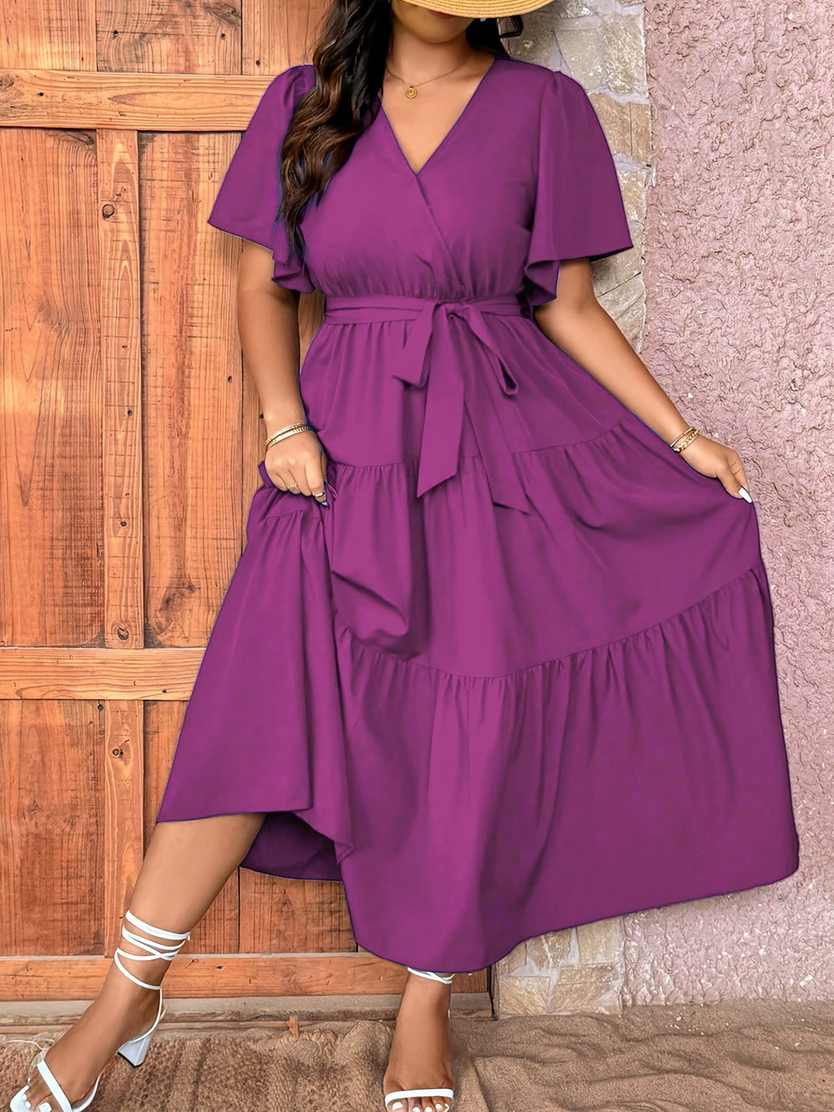 Robe midi grande taille — Bleu roi à volants superposés