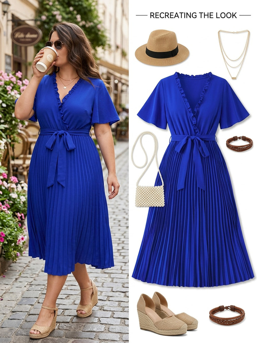 Robe midi grande taille — Bleu roi, jupe plissée et ceinture