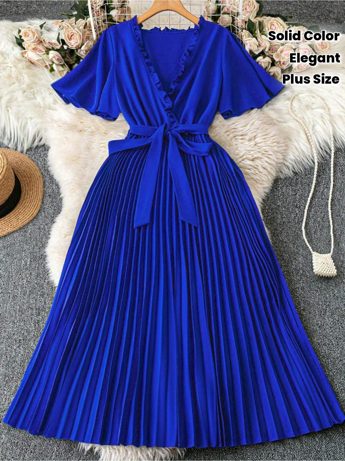 Robe midi grande taille — Bleu roi, jupe plissée et ceinture