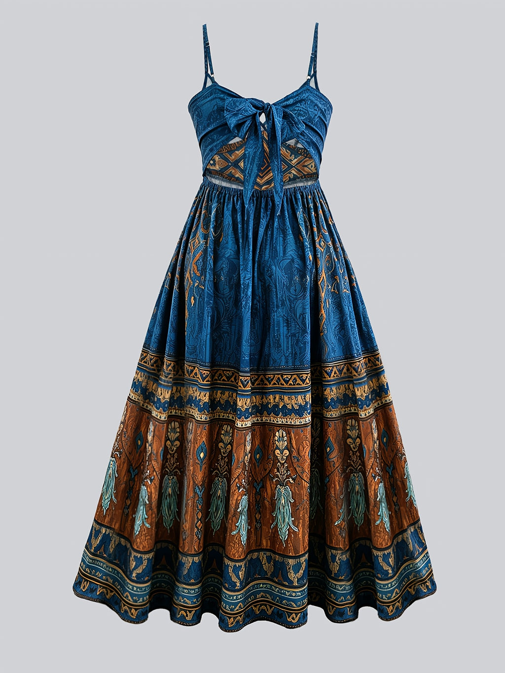 Robe midi grande taille — Bleu paon et galon à losanges