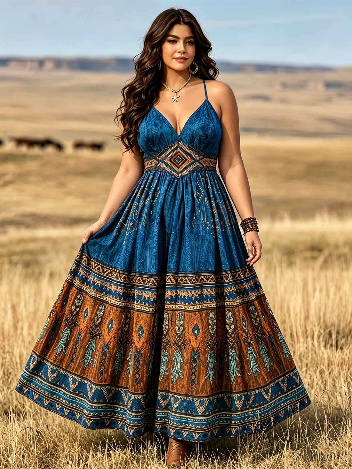 Robe midi grande taille — Bleu paon et galon à losanges
