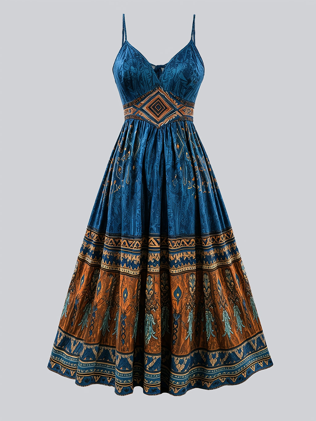Robe midi grande taille — Bleu paon et galon à losanges