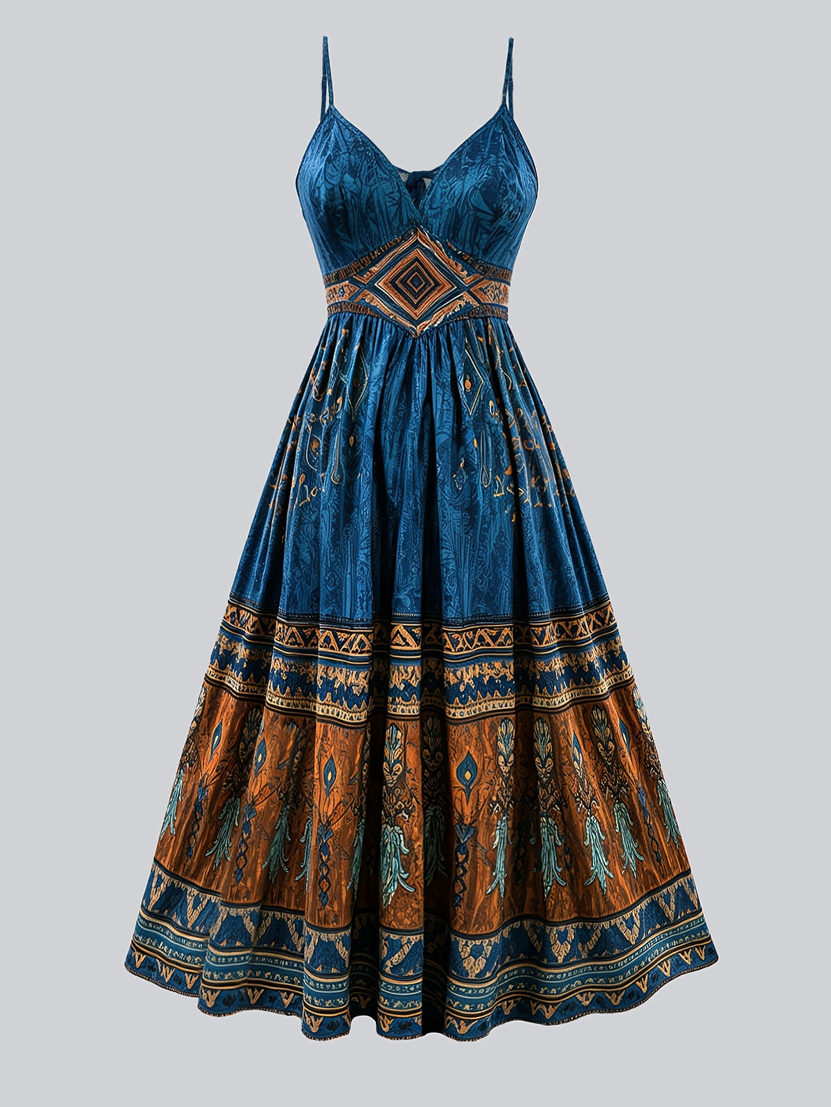 Robe midi grande taille — Bleu paon et galon à losanges