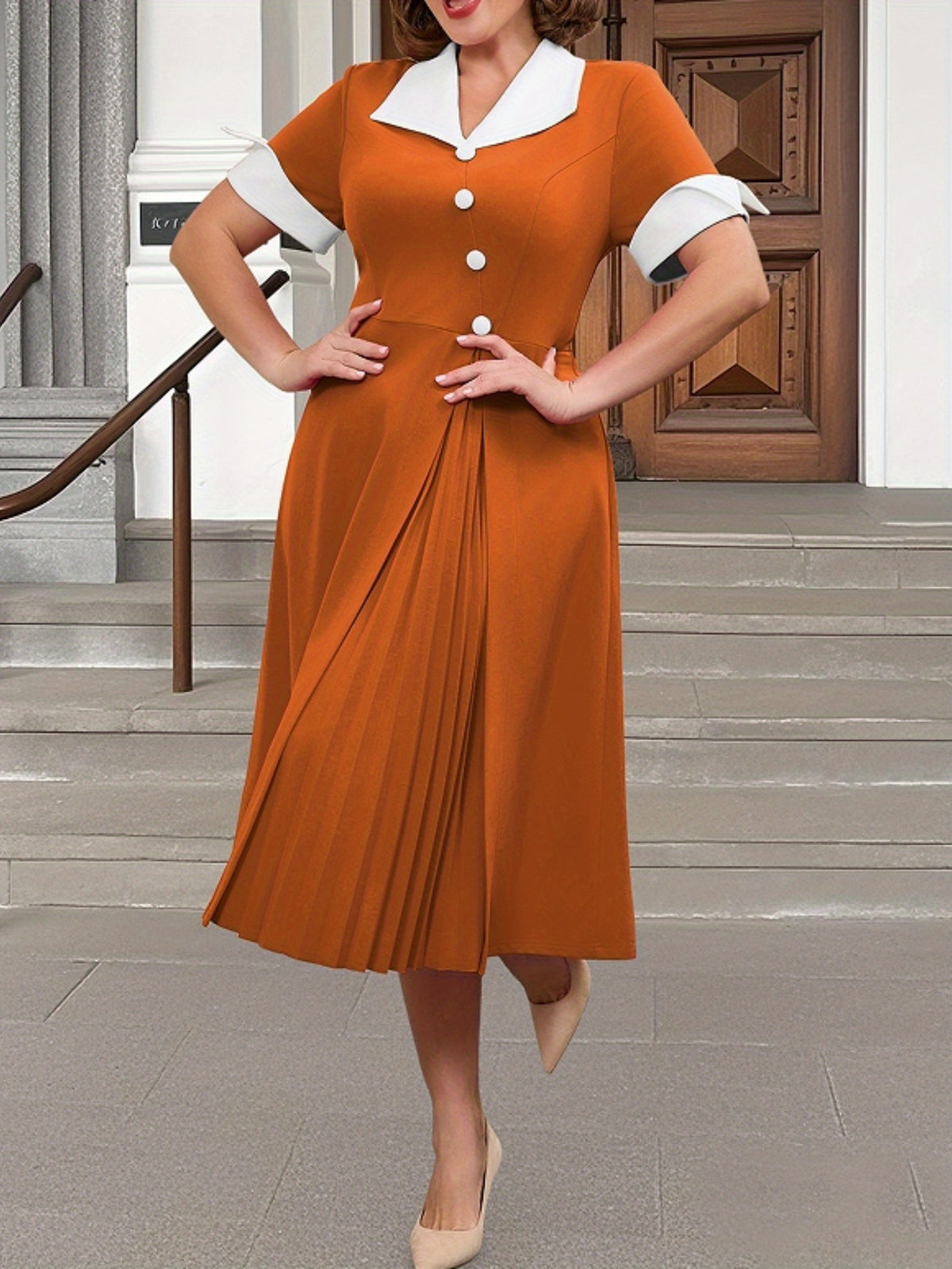 Robe midi grande taille — Col blanc et boutons diagonaux