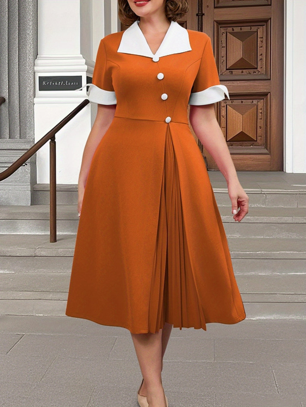 Robe midi grande taille — Col blanc et boutons diagonaux