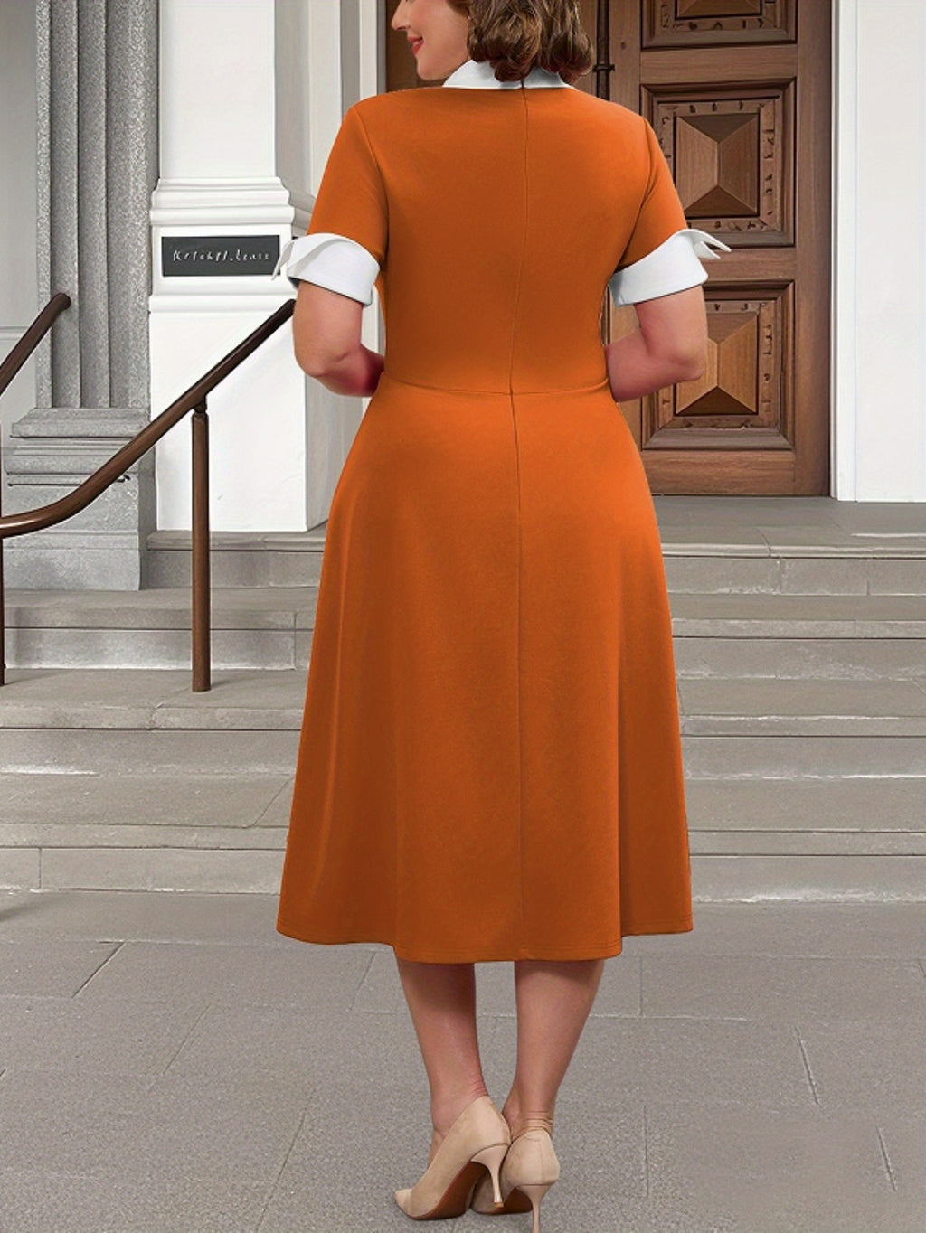Robe midi grande taille — Col blanc et boutons diagonaux