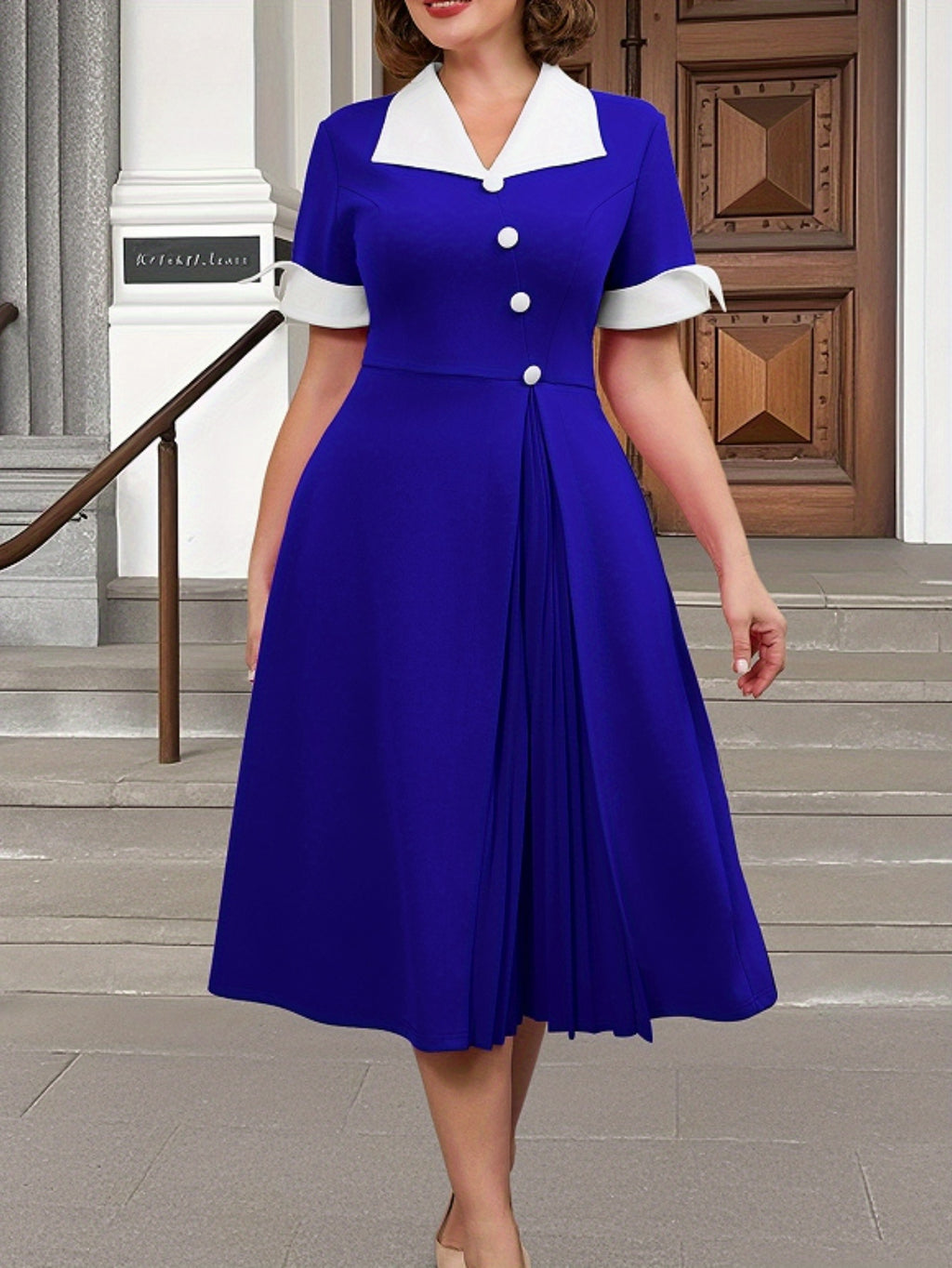 Robe midi grande taille — Col blanc et boutons diagonaux