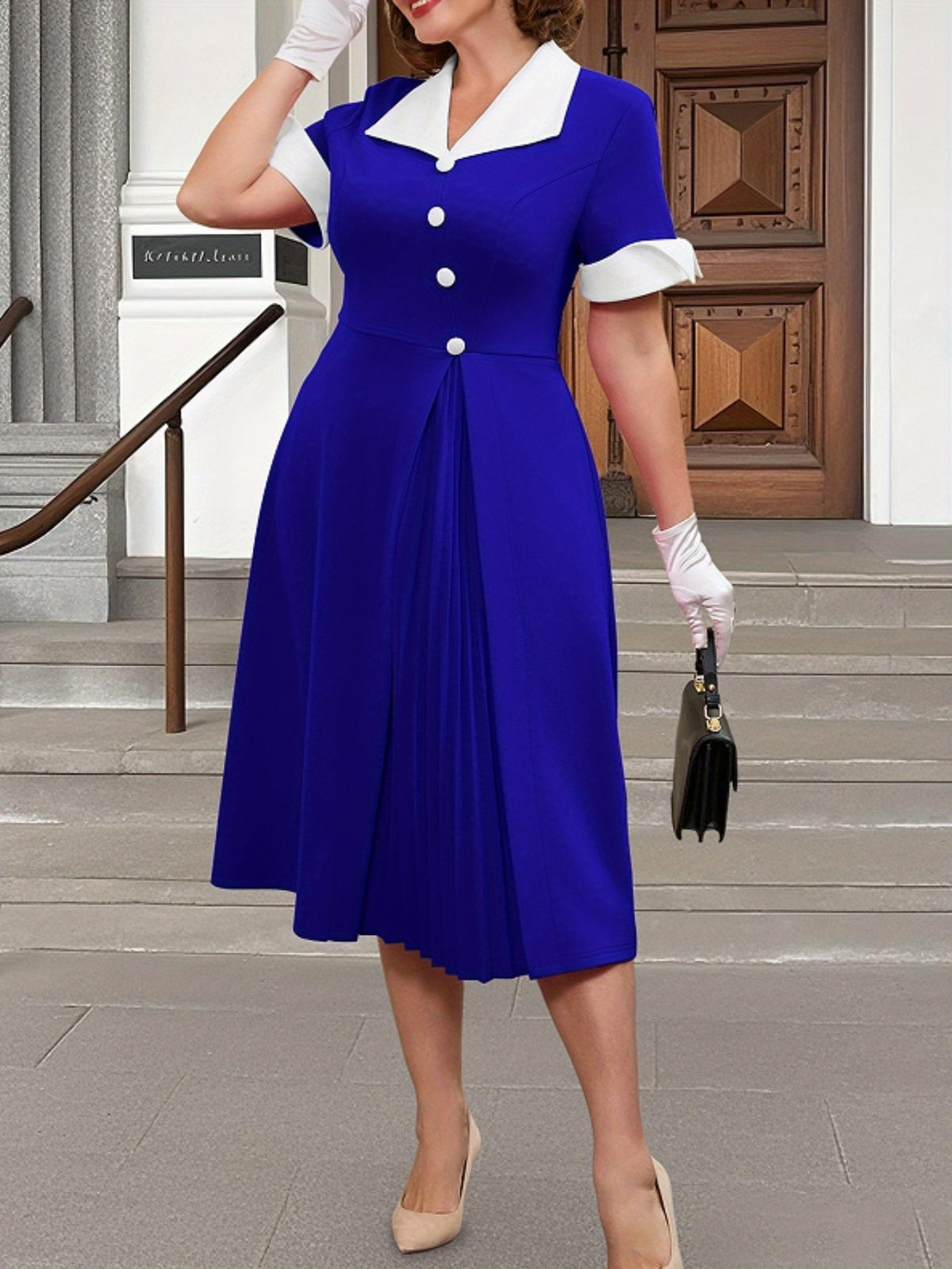 Robe midi grande taille — Col blanc et boutons diagonaux