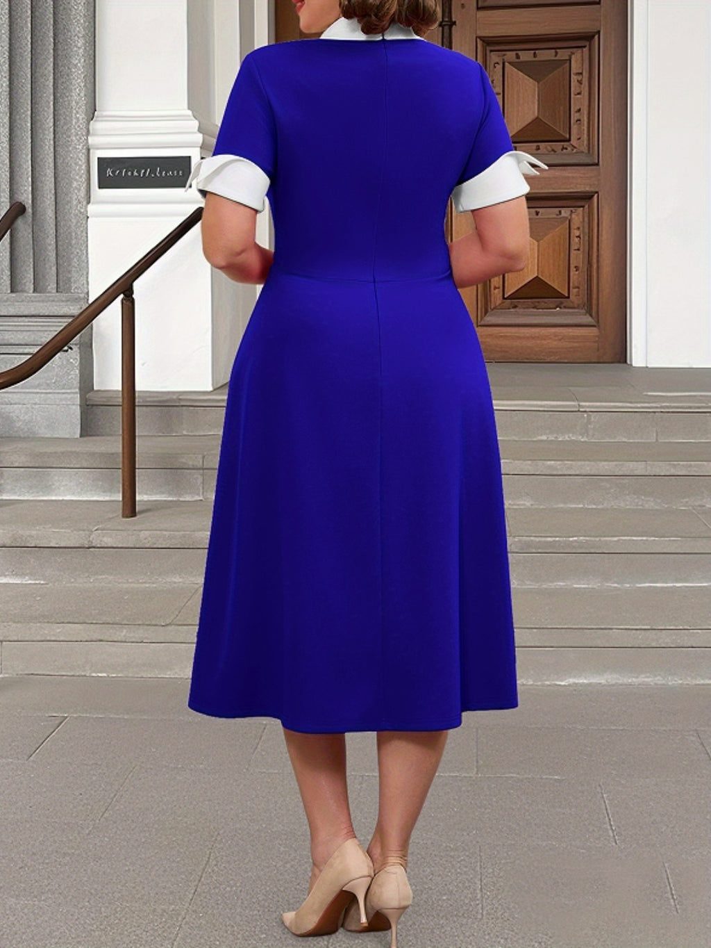 Robe midi grande taille — Col blanc et boutons diagonaux