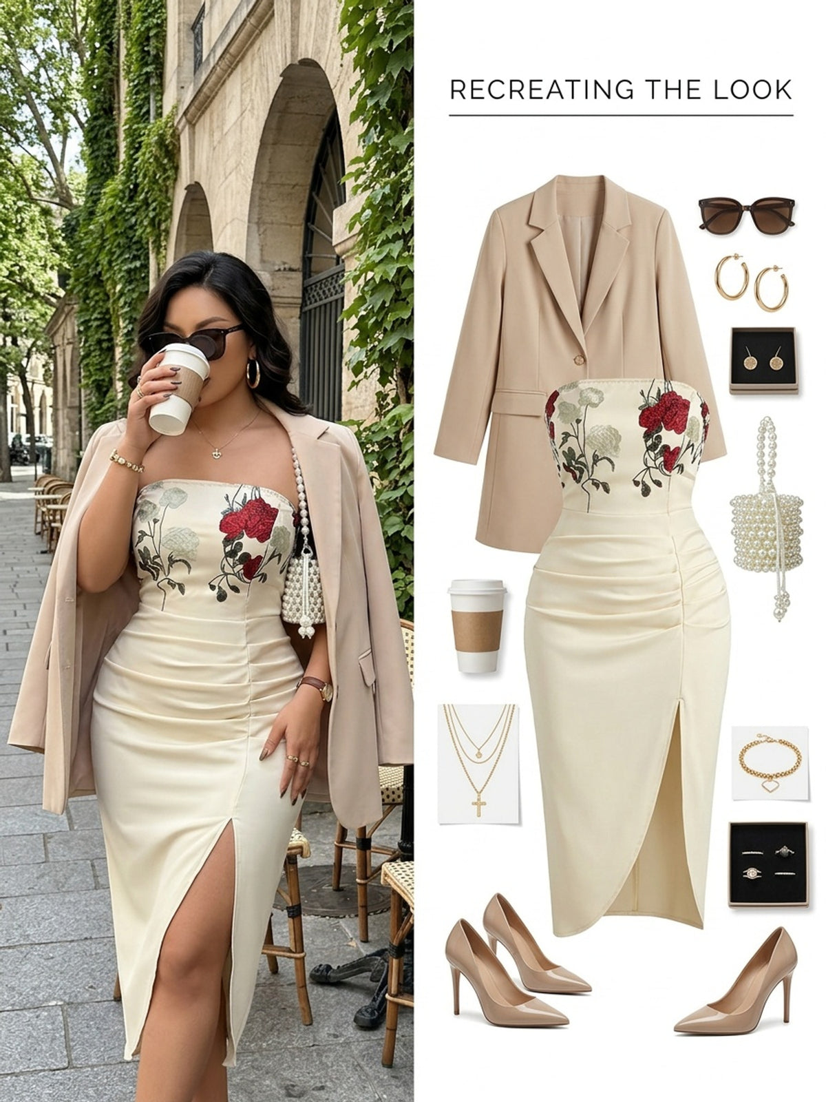Robe midi grande taille — Buste brodé de roses et jupe drapée
