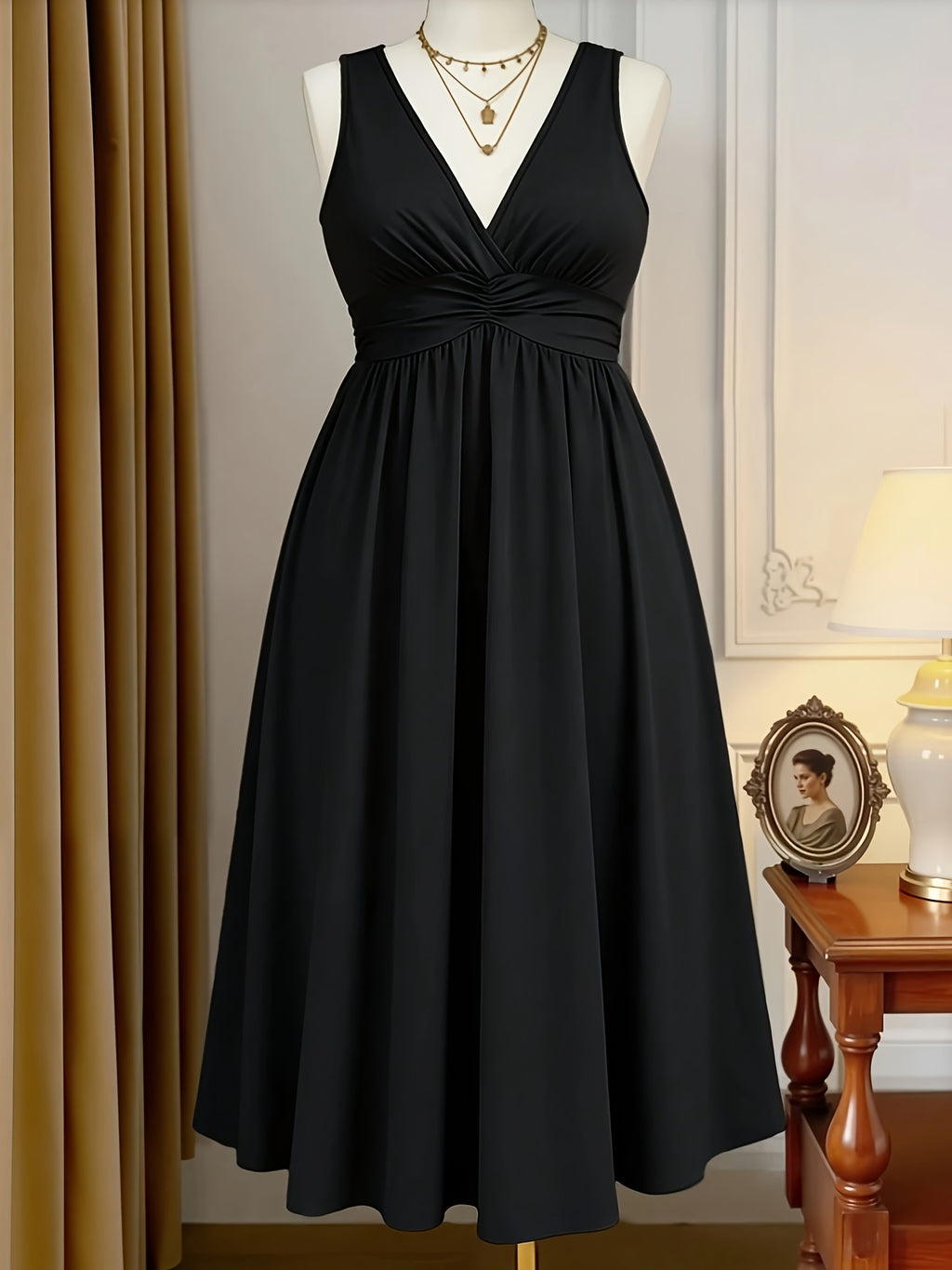 Robe midi grande taille — Buste froncé et bretelles larges