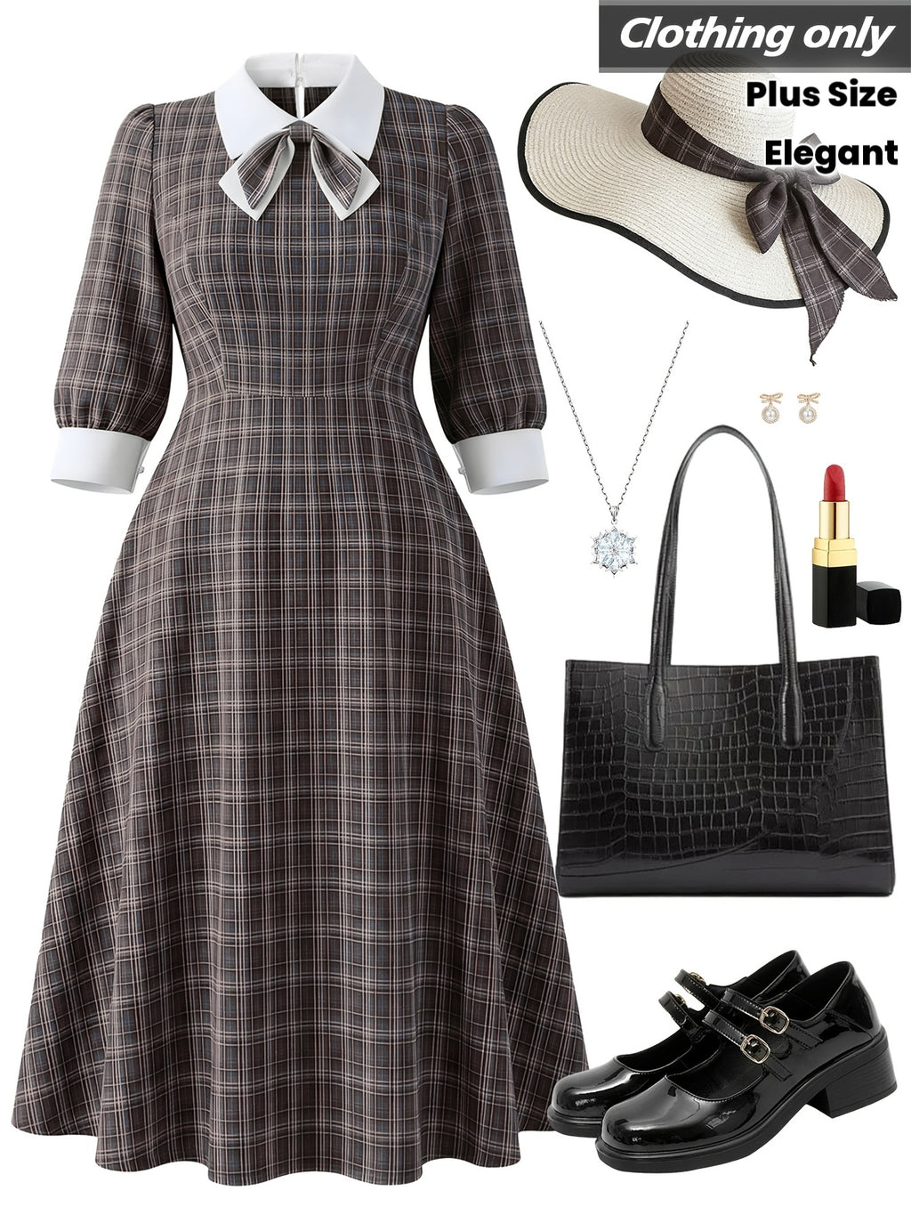 Robe midi grande taille, carreaux tissés et col claudine