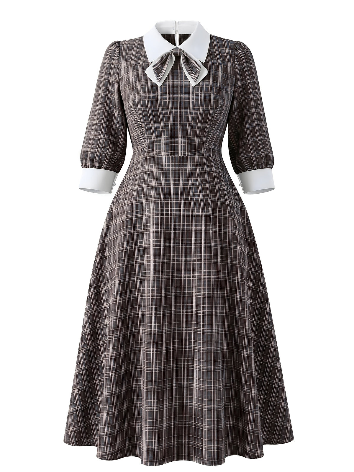 Robe midi grande taille, carreaux tissés et col claudine