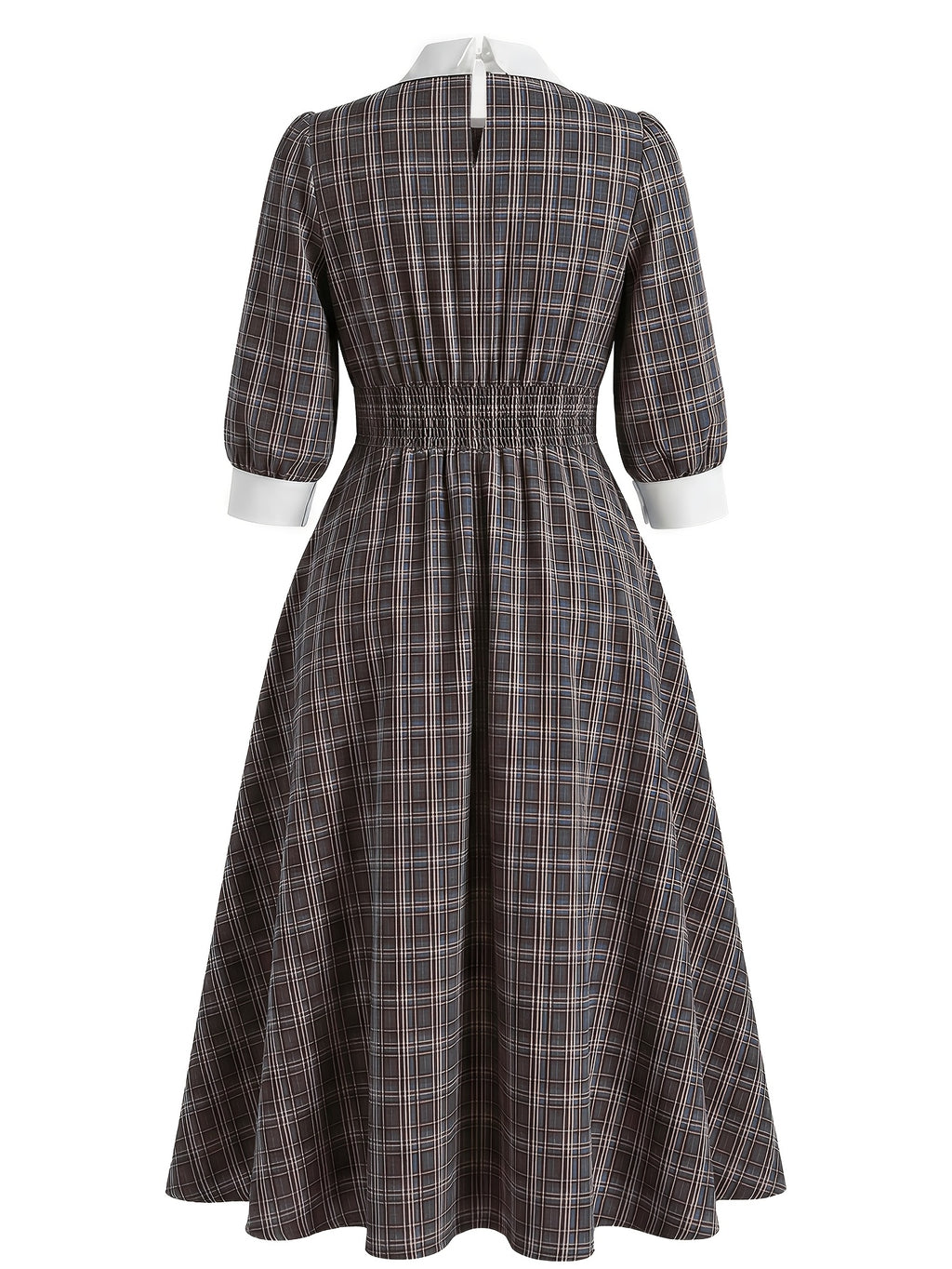 Robe midi grande taille, carreaux tissés et col claudine