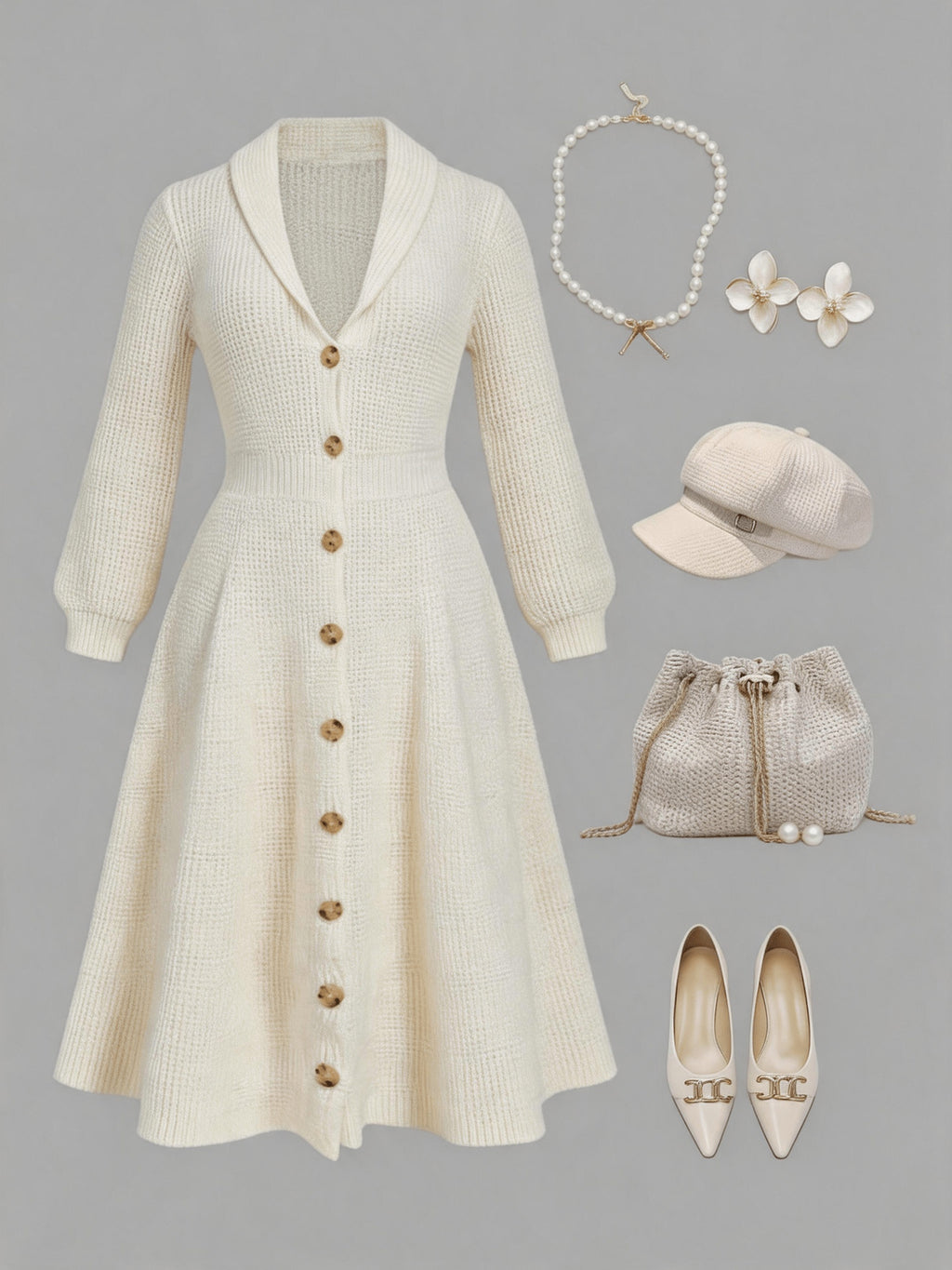 Robe midi grande taille — Boutons dorés et col châle crème