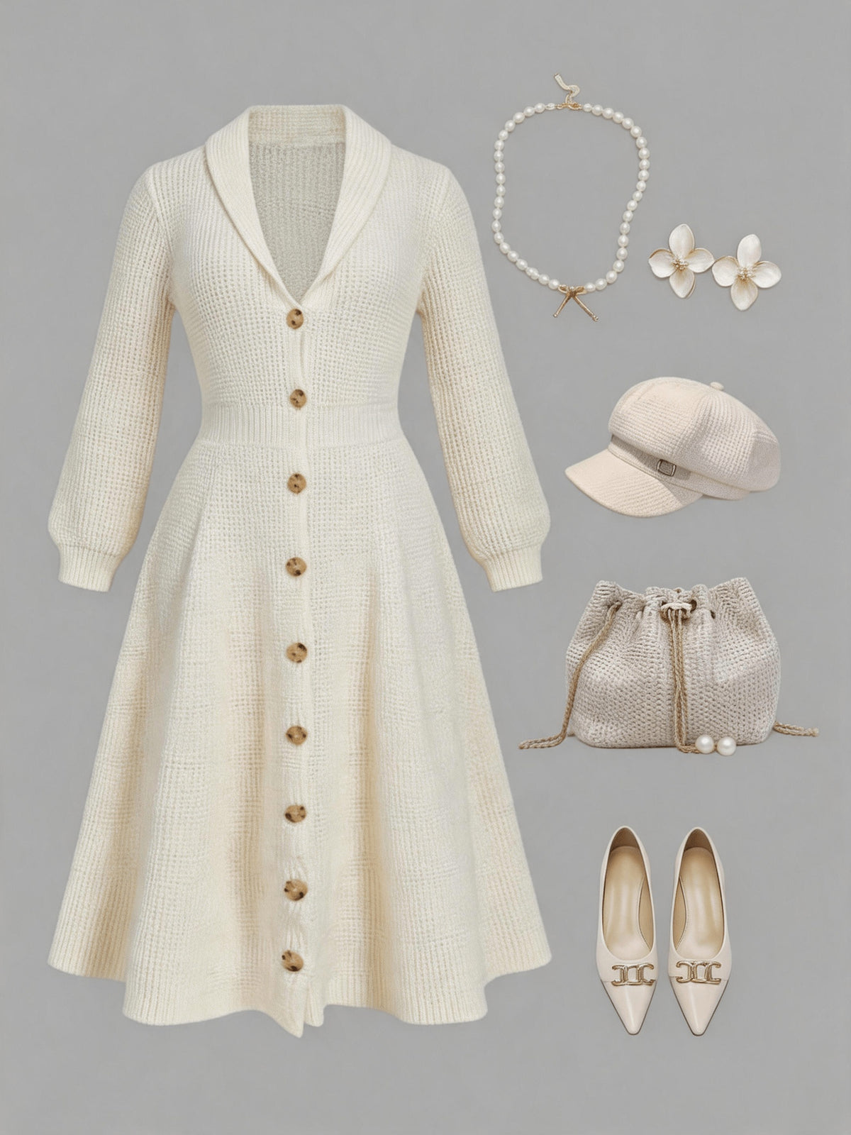Robe midi grande taille — Boutons dorés et col châle crème