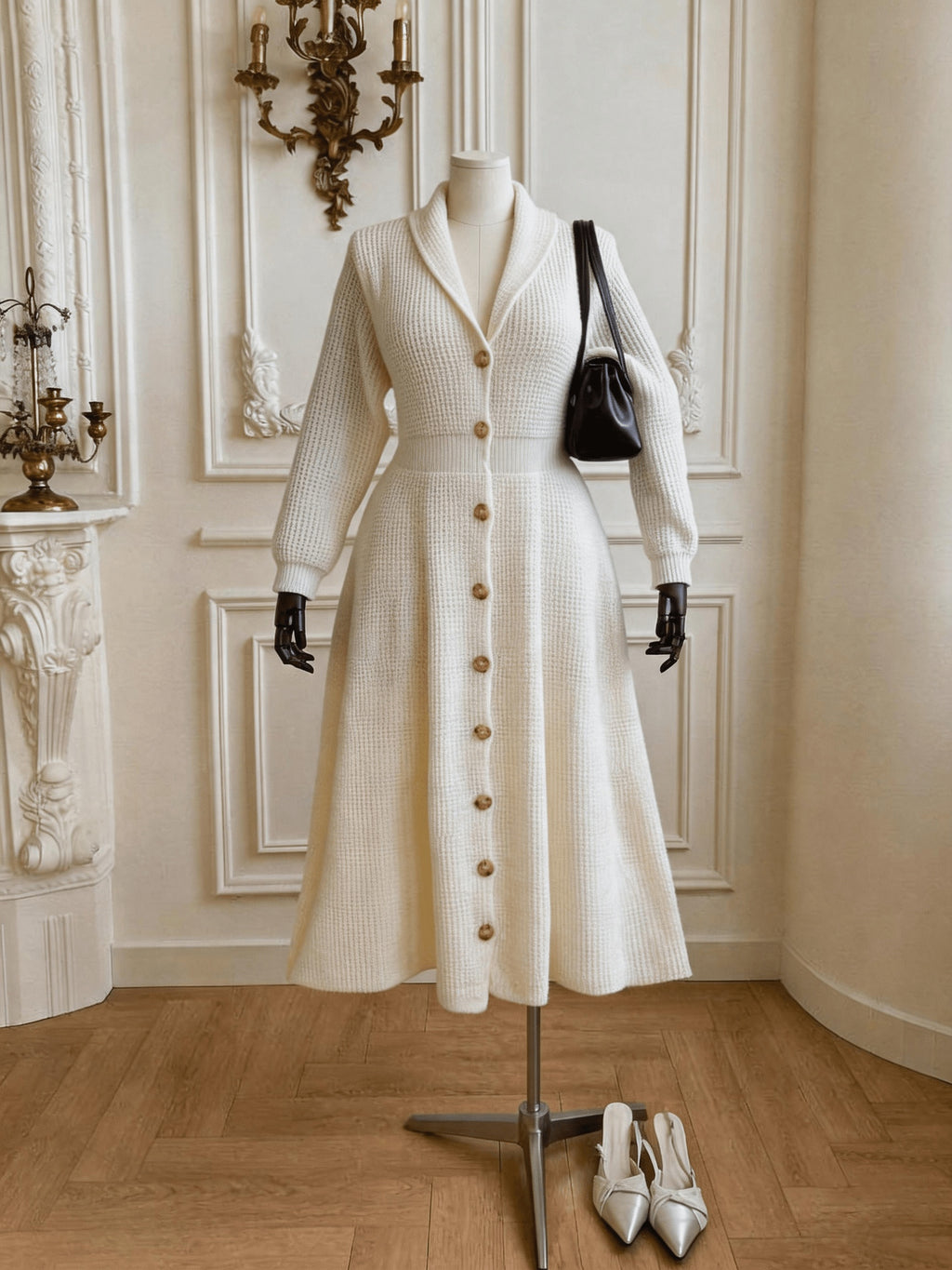 Robe midi grande taille — Boutons dorés et col châle crème
