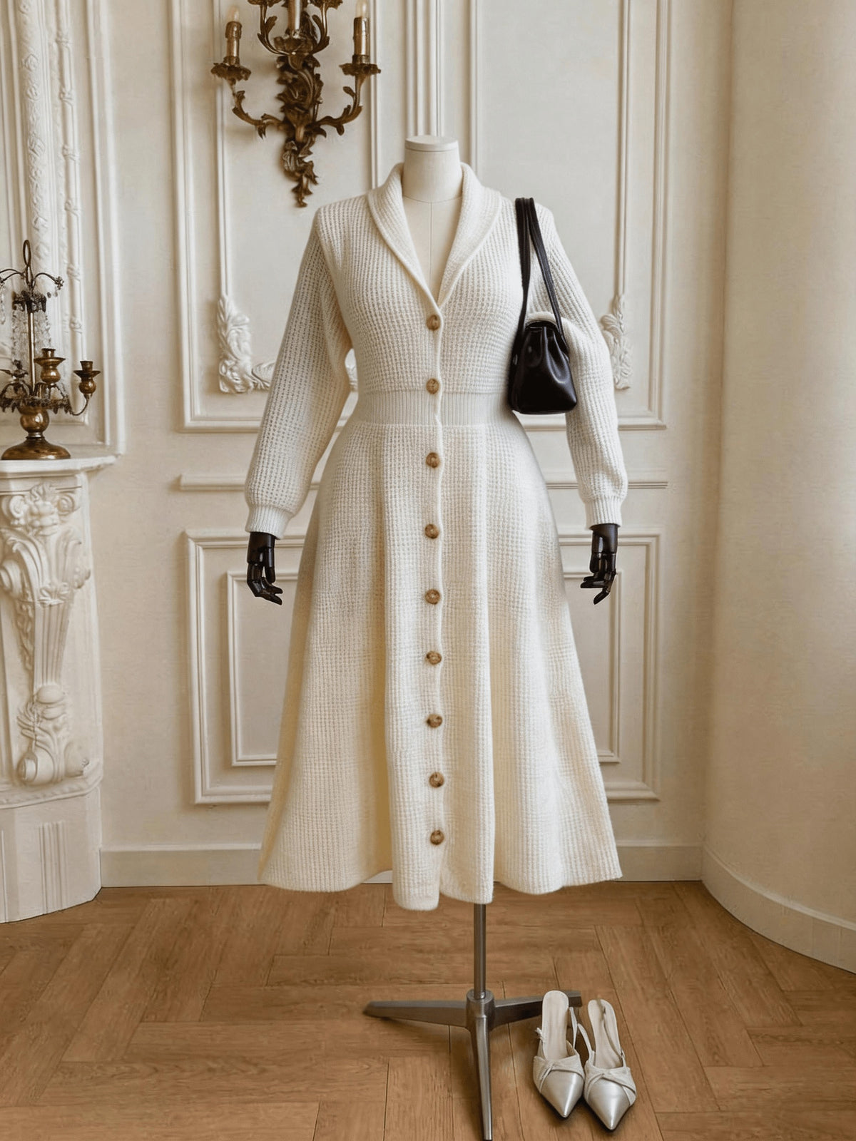 Robe midi grande taille — Boutons dorés et col châle crème