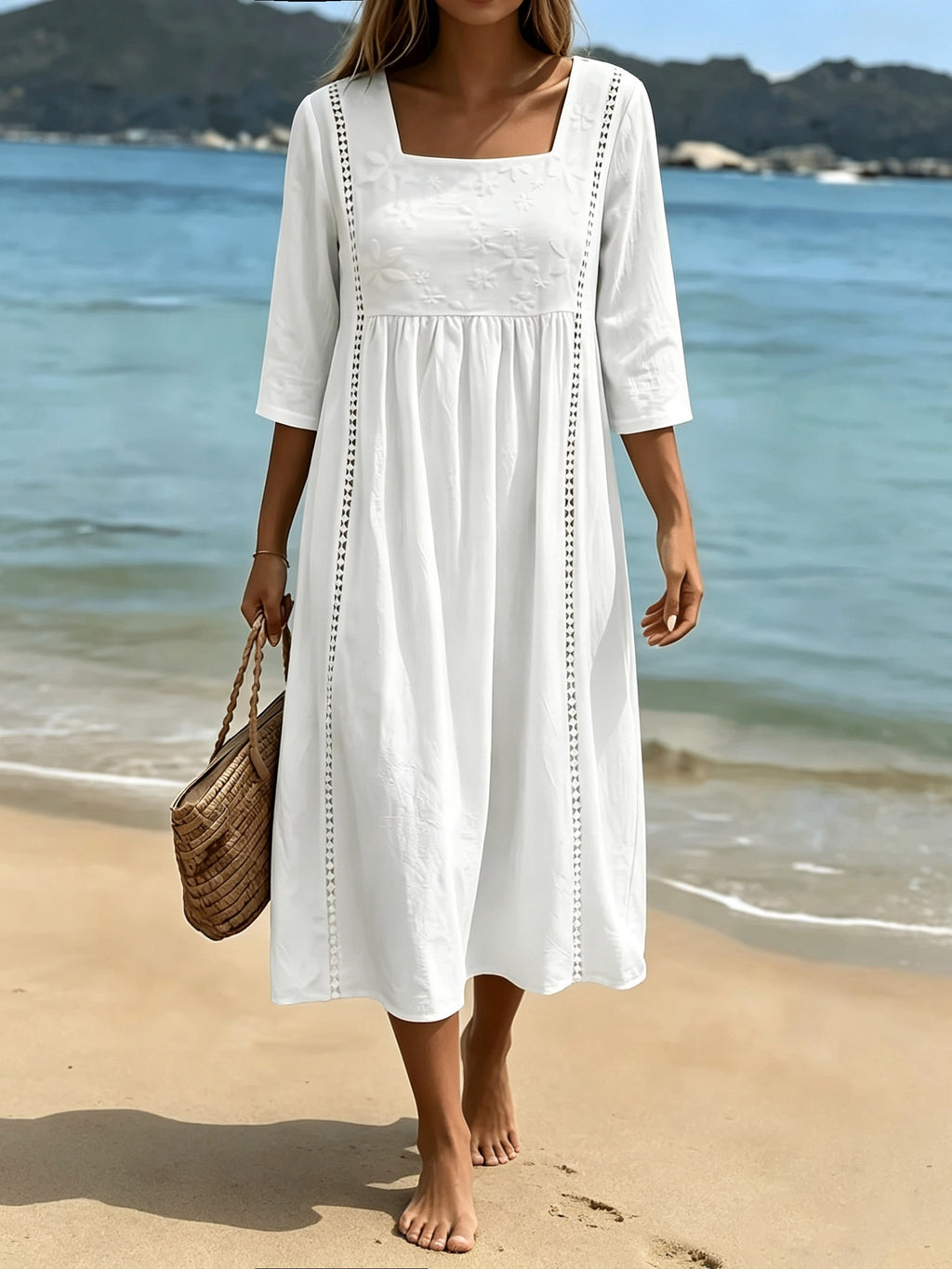 Robe midi grande taille — Coton blanc brodé et jours ajourés
