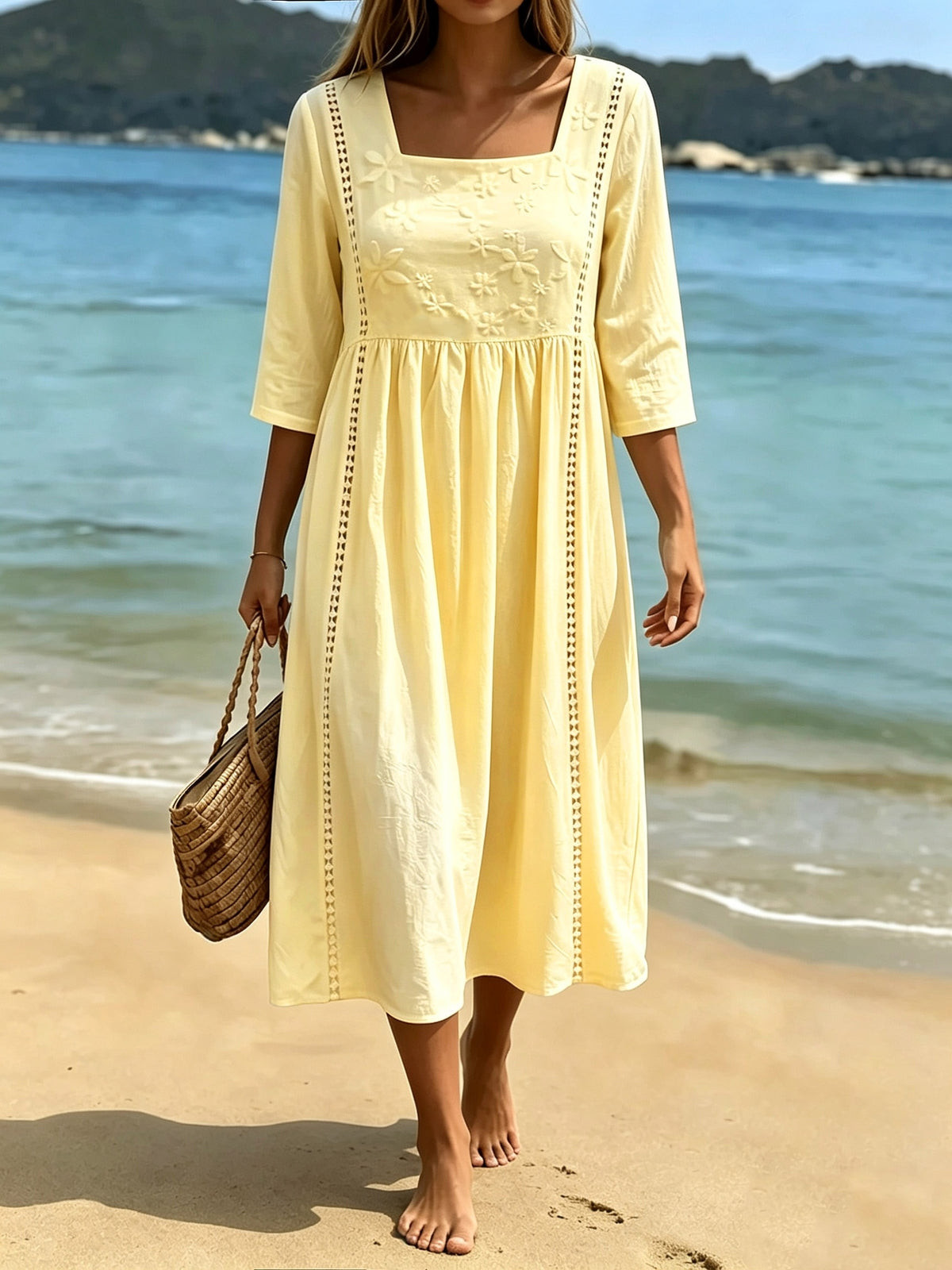 Robe midi grande taille — Coton blanc brodé et jours ajourés