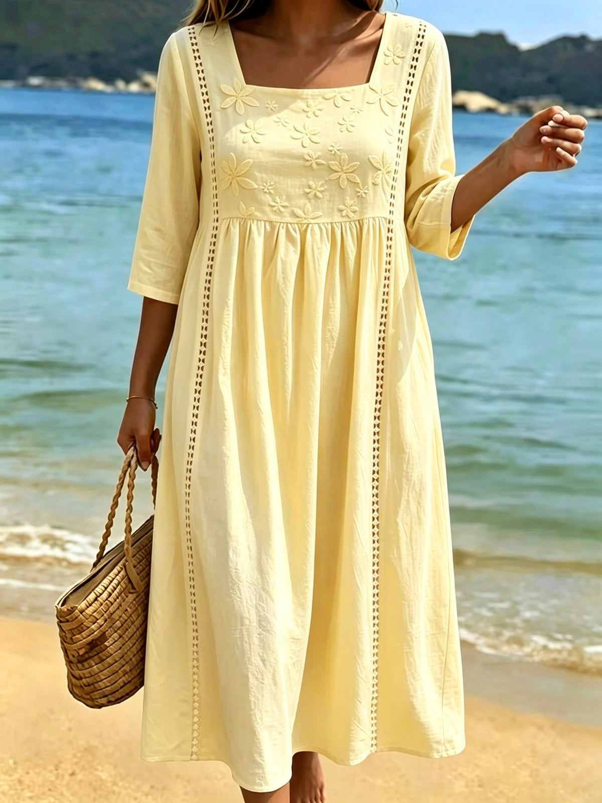 Robe midi grande taille — Coton blanc brodé et jours ajourés