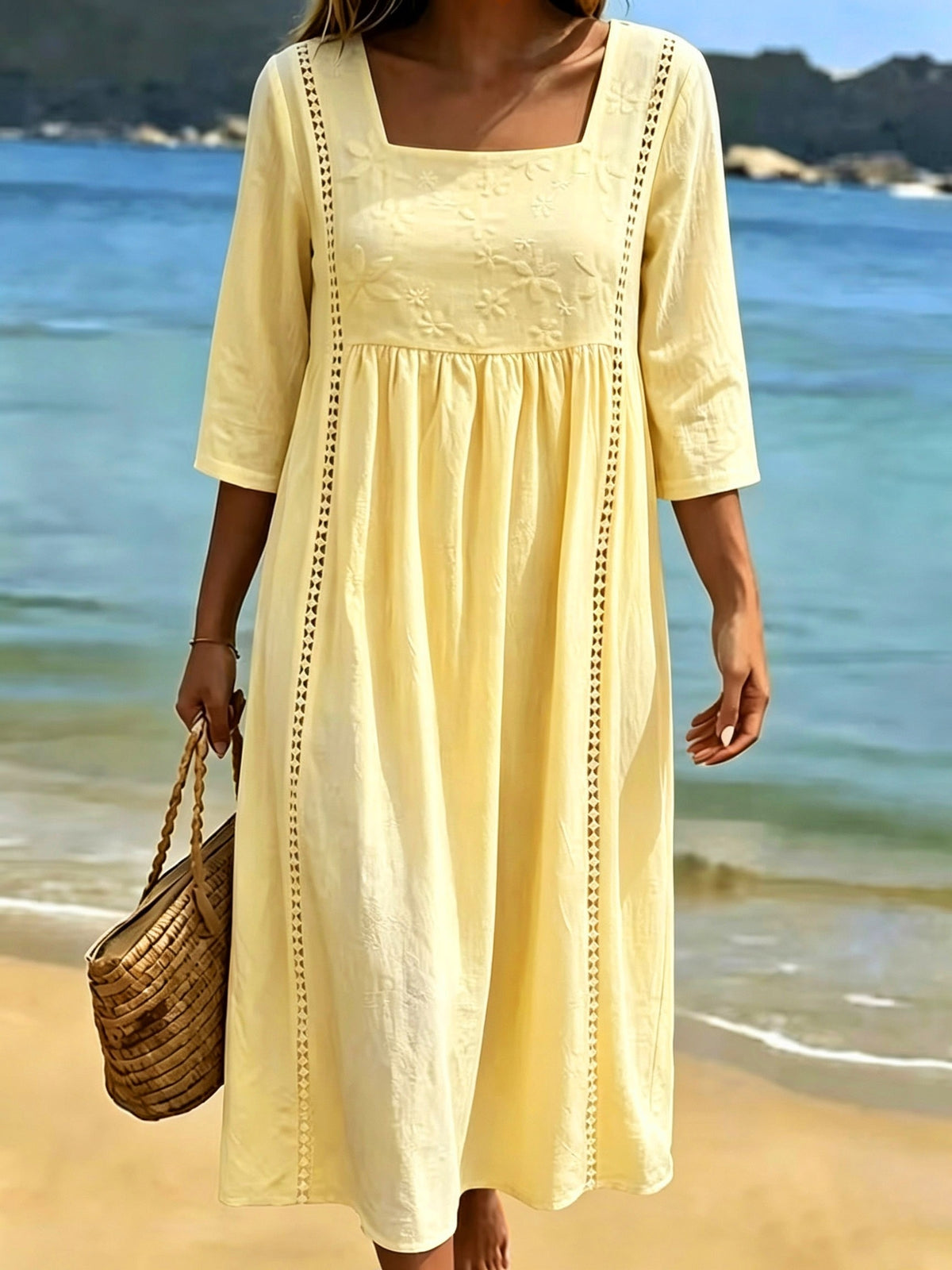 Robe midi grande taille — Coton blanc brodé et jours ajourés