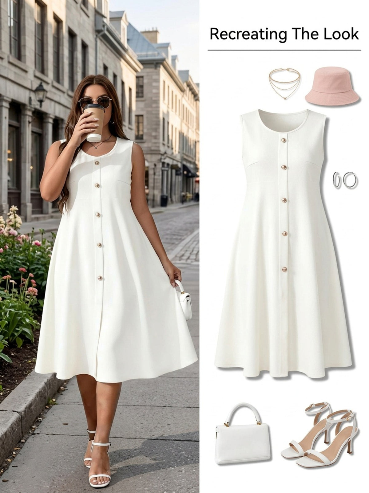 Robe midi grande taille — Boutons perlés sur crêpe gaufré