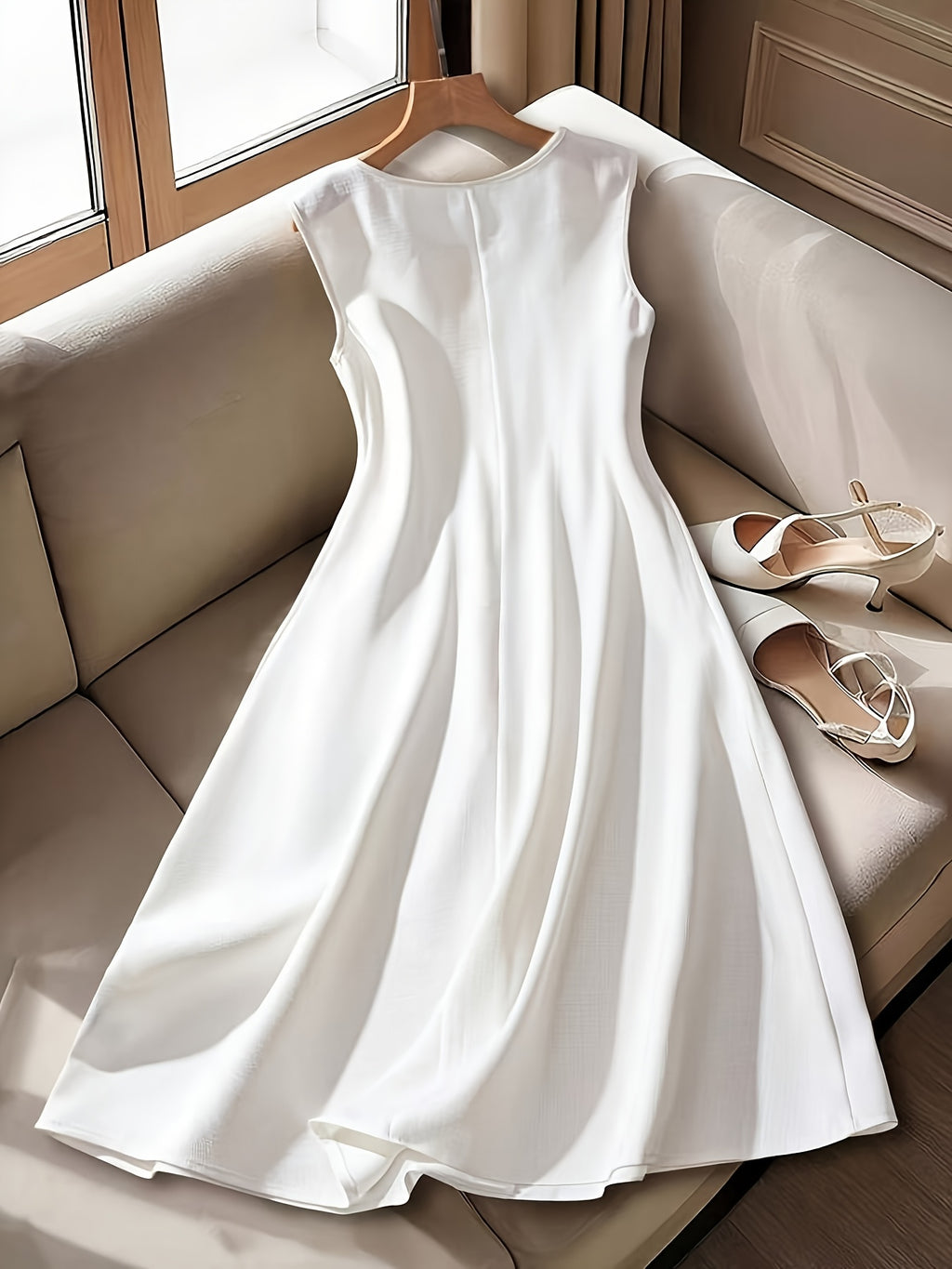 Robe midi grande taille — Boutons perlés sur crêpe gaufré