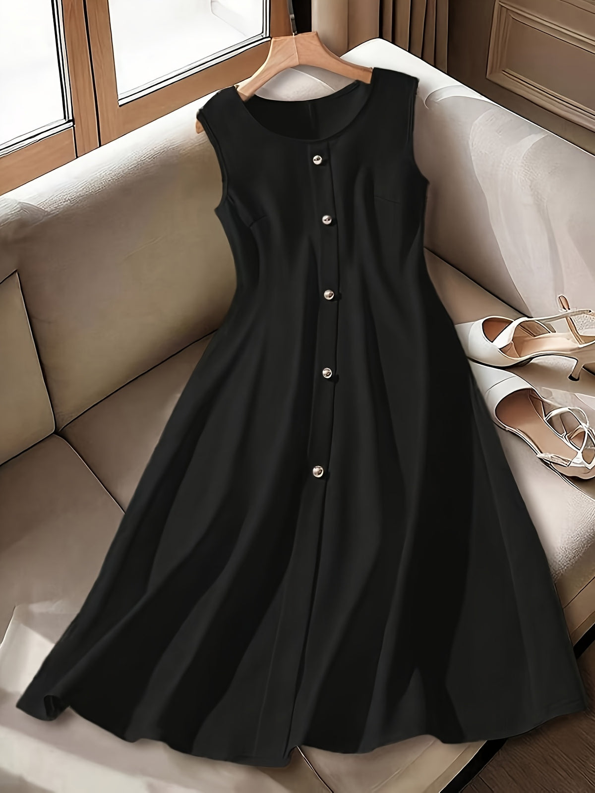 Robe midi grande taille — Boutons perlés sur crêpe gaufré