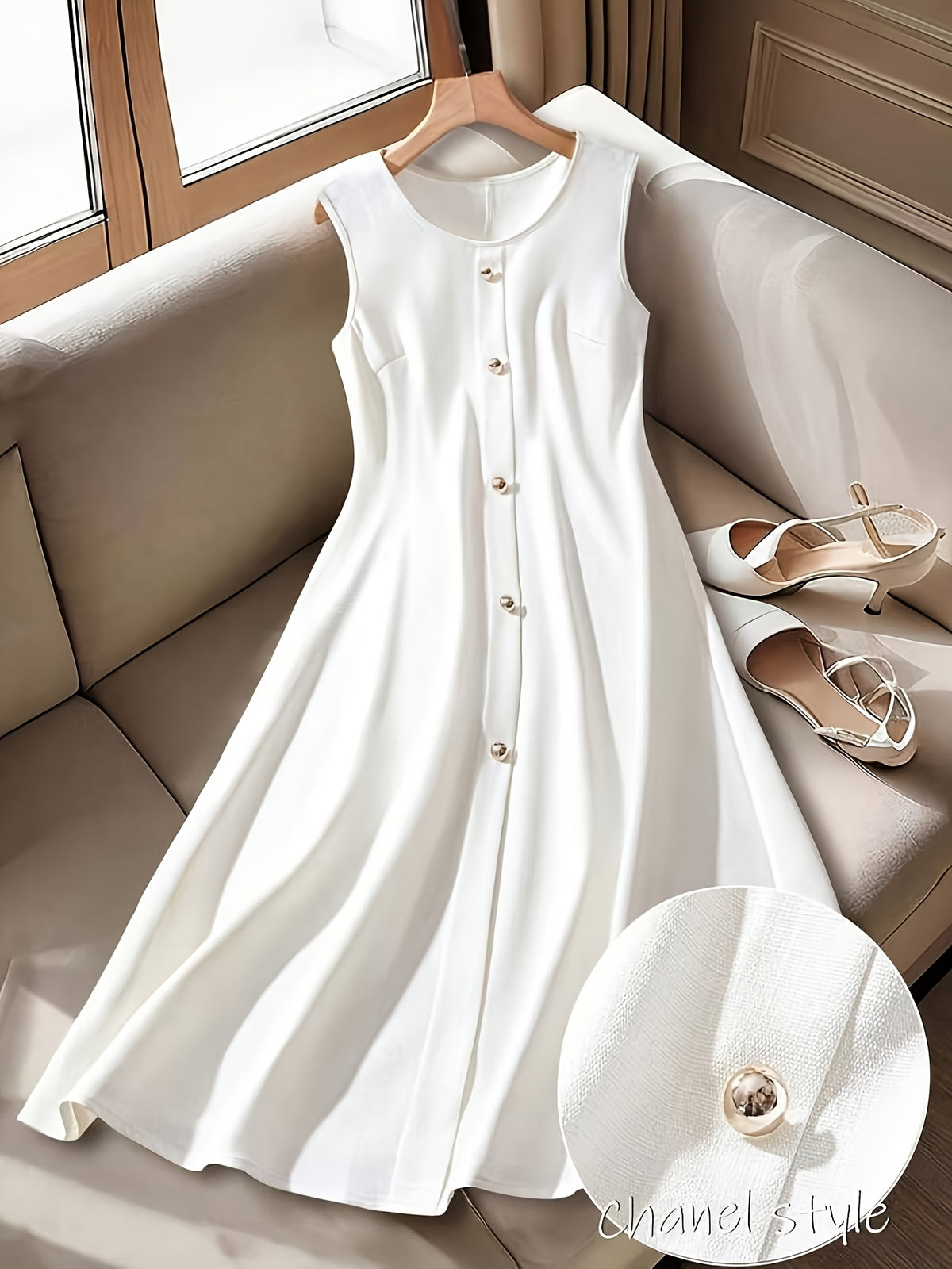 Robe midi grande taille — Boutons perlés sur crêpe gaufré