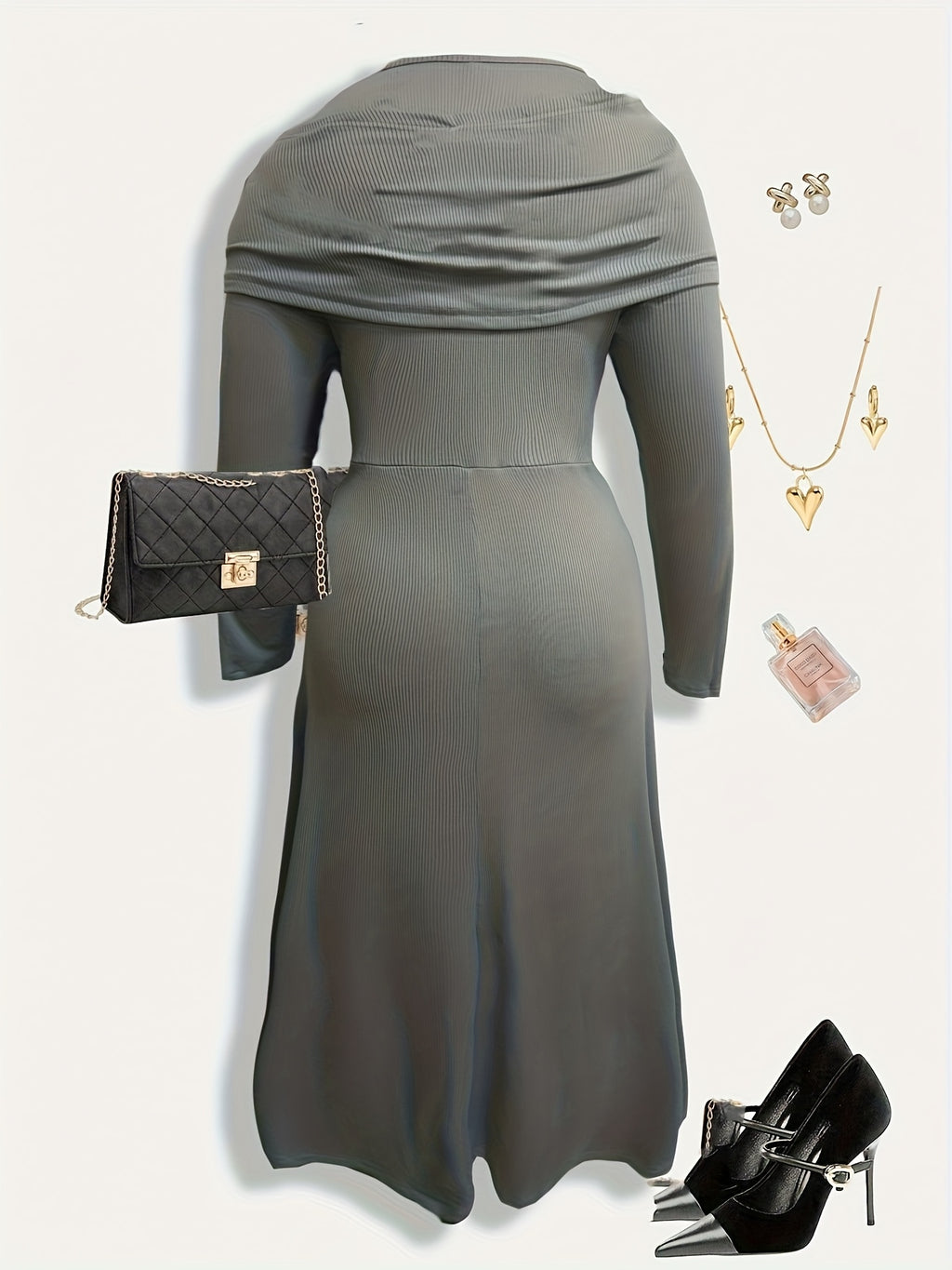 Robe midi grande taille — Encolure drapée nouée et grise