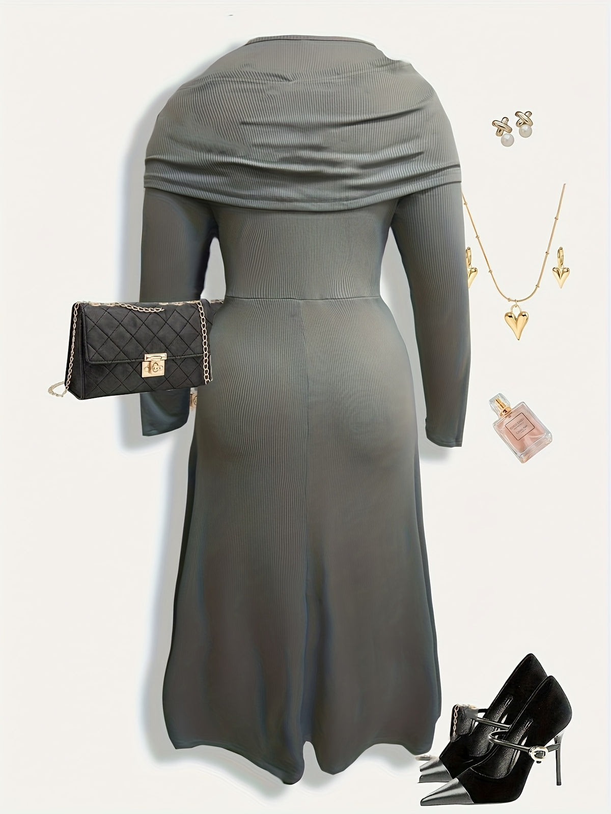 Robe midi grande taille — Encolure drapée nouée et grise