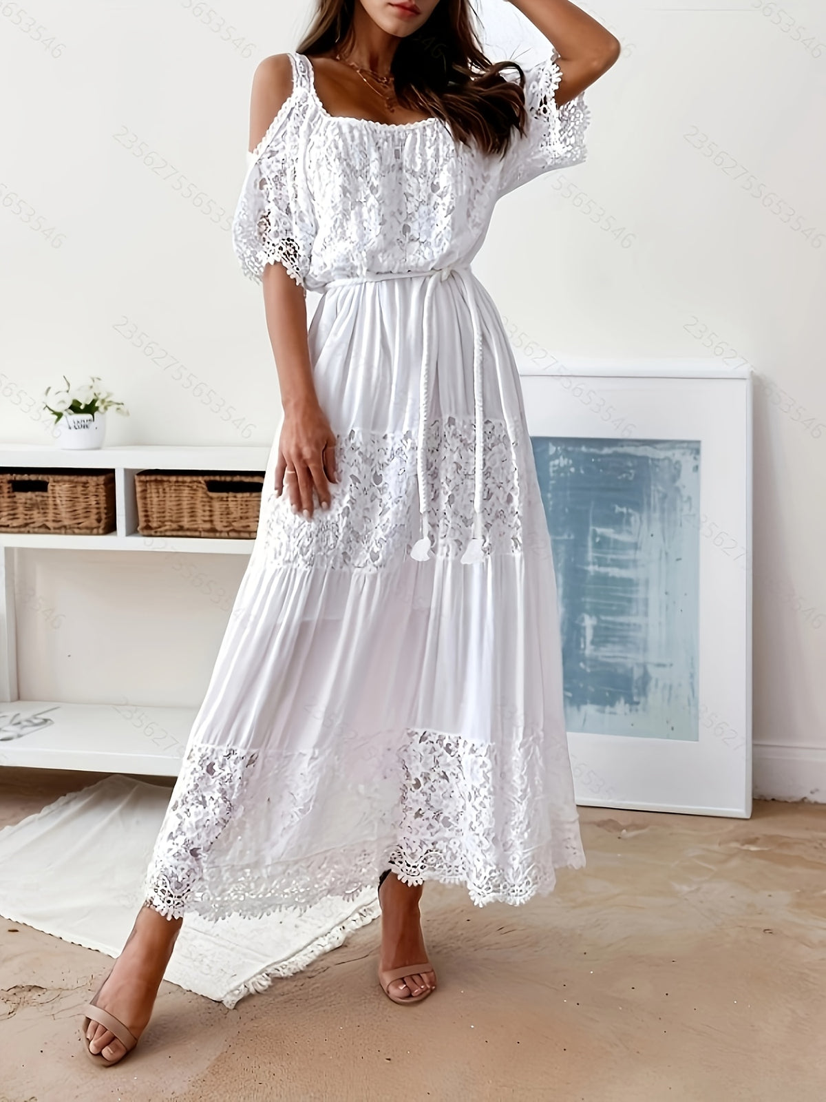 Robe midi grande taille, guipure ajourée, onze coloris