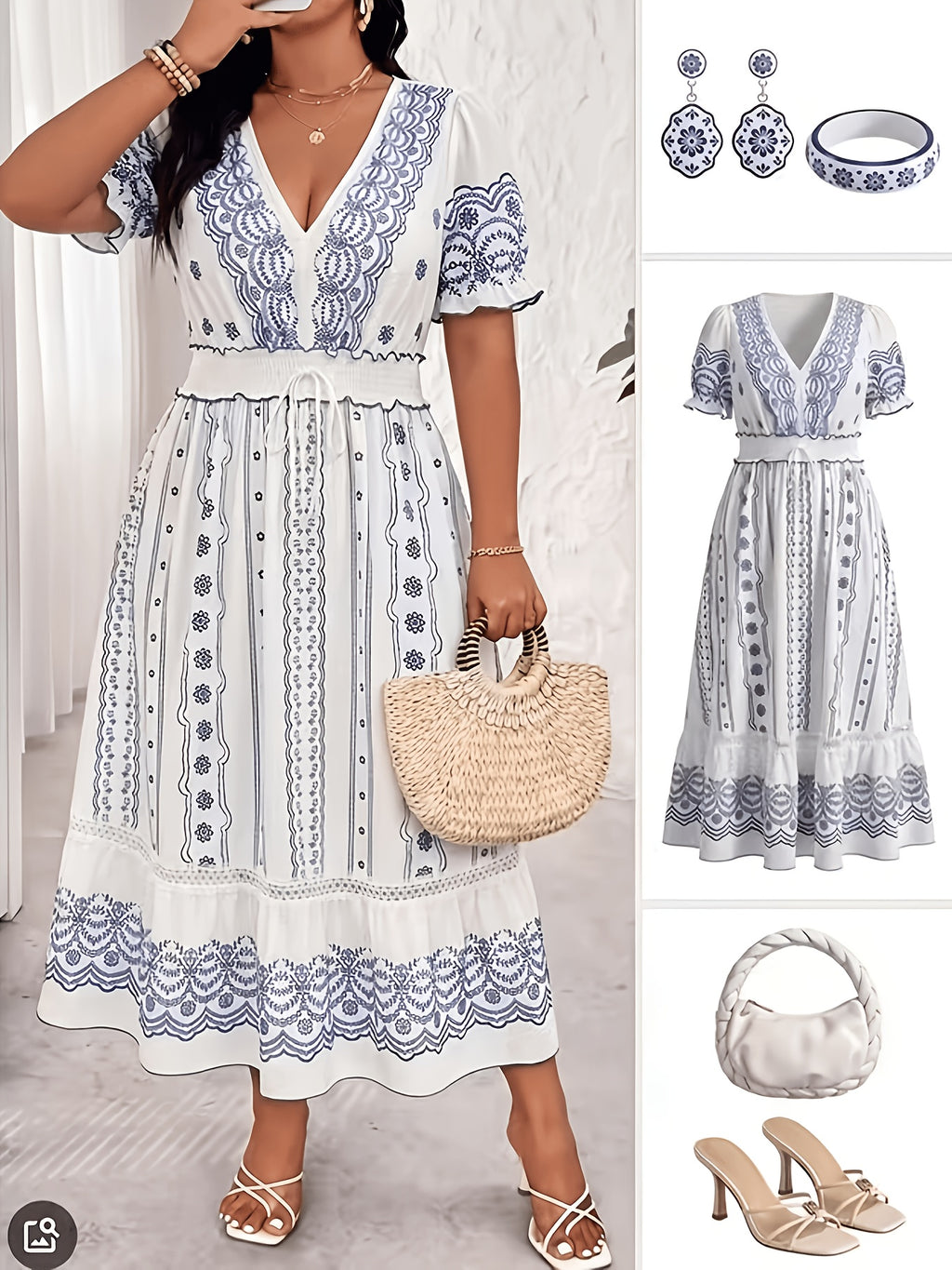 Robe midi grande taille — Imprimé porcelaine bleu et blanc