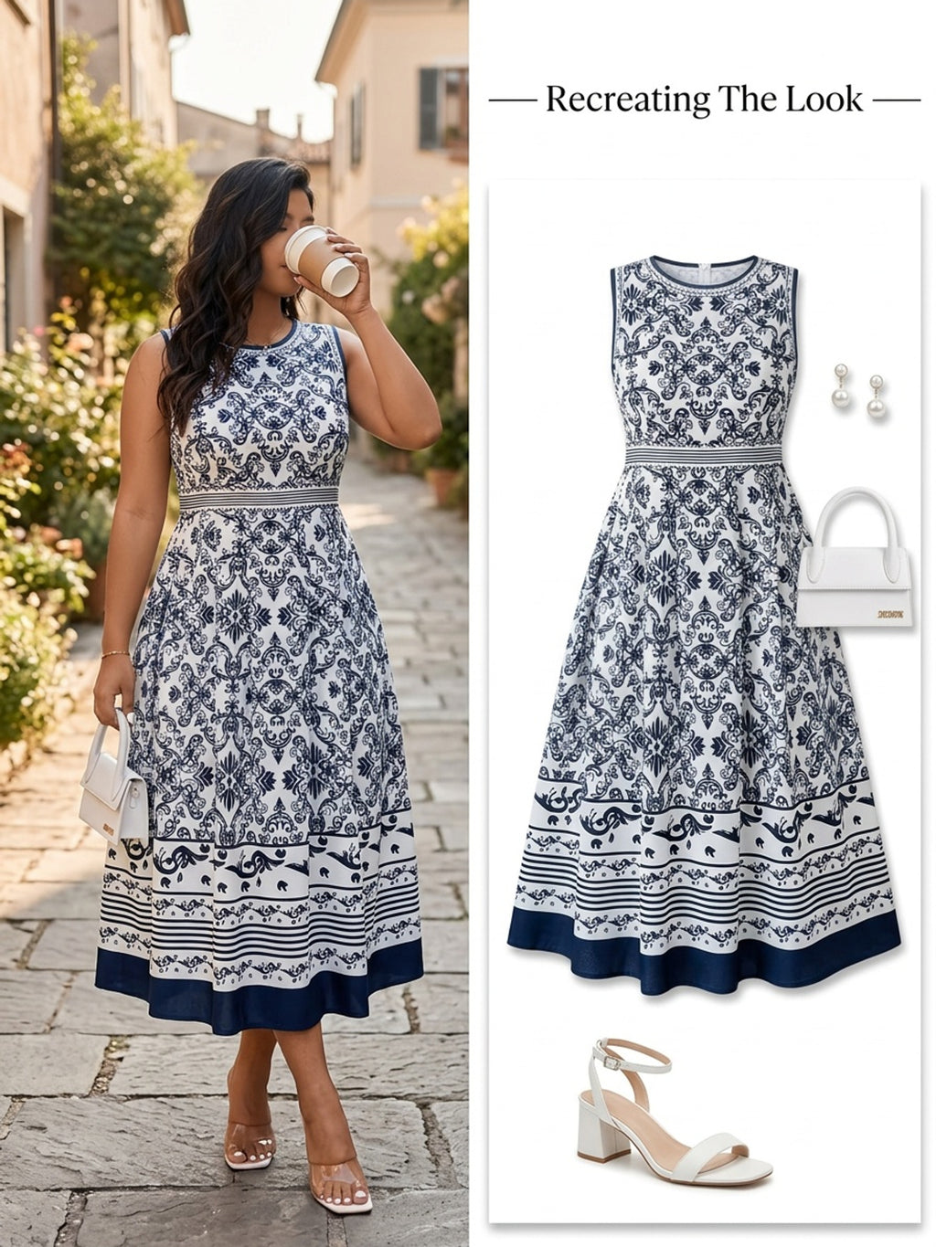 Robe midi grande taille — Imprimé porcelaine et frise à l'ourlet