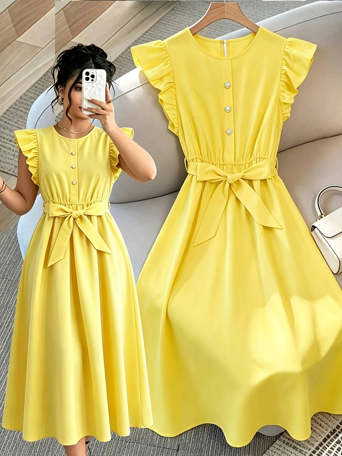 Robe midi grande taille — Volant d'épaule et ceinture nouée