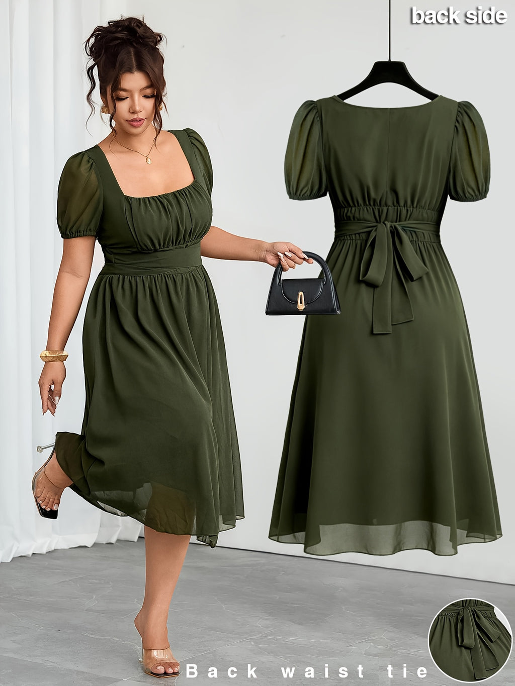 Robe midi grande taille — Mousseline vert kaki à nouer au dos