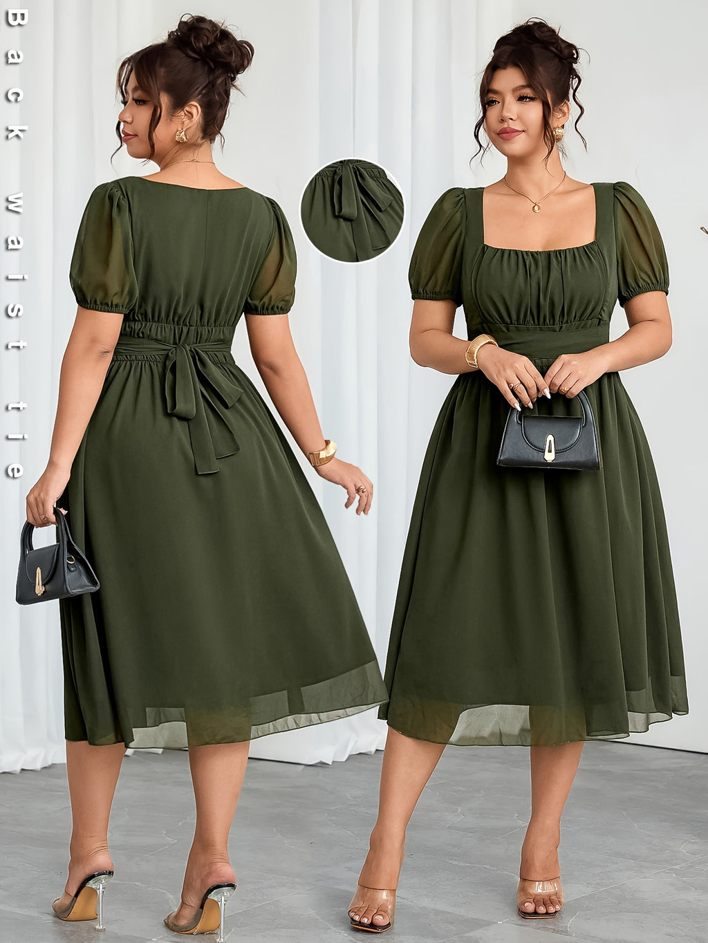 Robe midi grande taille — Mousseline vert kaki à nouer au dos