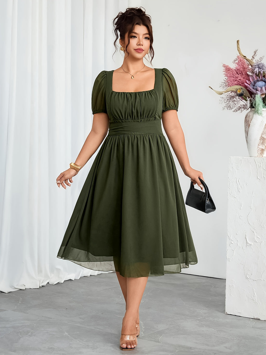 Robe midi grande taille — Mousseline vert kaki à nouer au dos