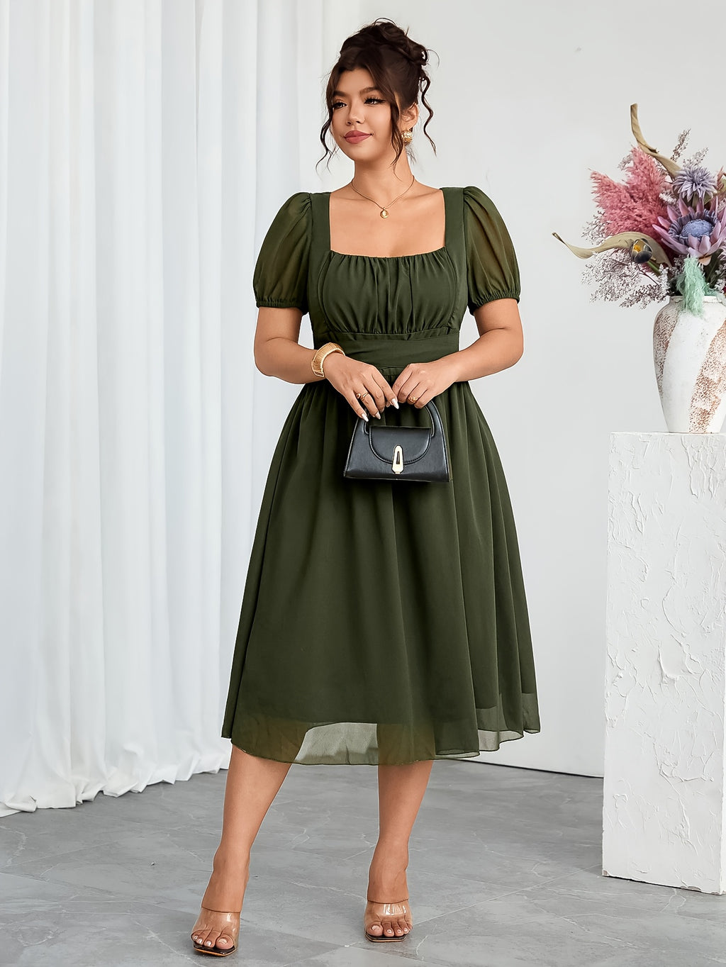 Robe midi grande taille — Mousseline vert kaki à nouer au dos
